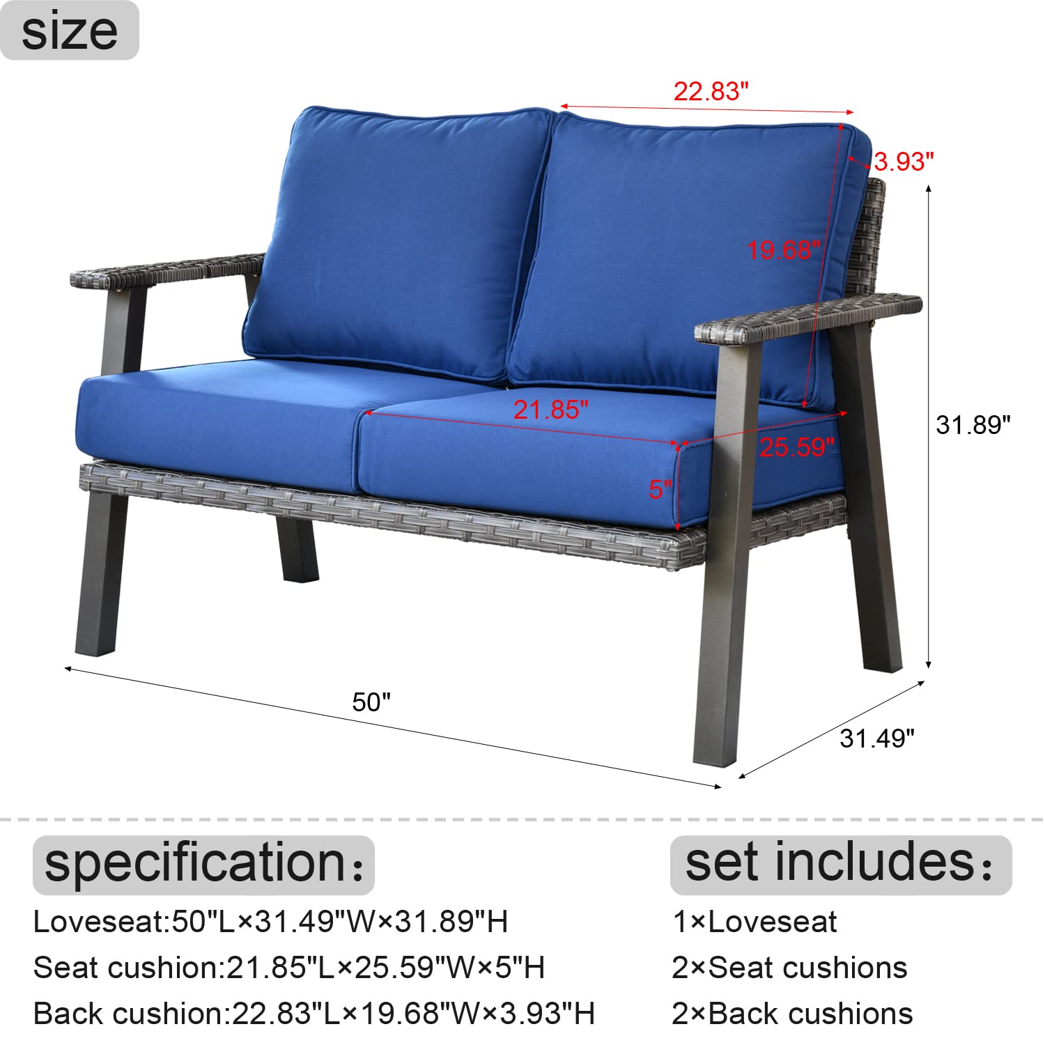 Modern Outdoor Patio Loveseat Sofa - All-Weather Wicker Double Seat Couch with 5