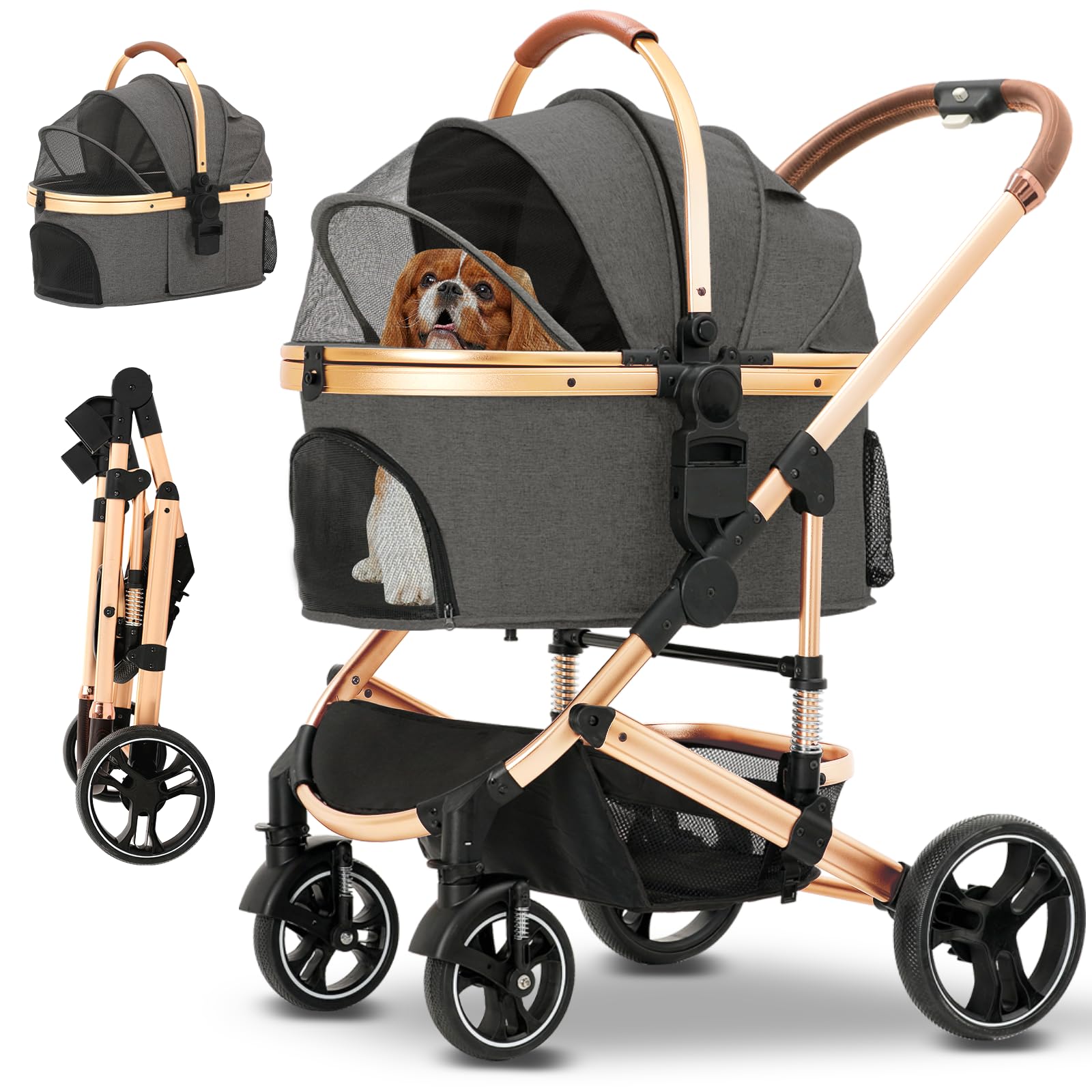 Premium 3-in-1 Folding Lightweight Pet Stroller with Detachable Carrier & Storage Basket - 4-Wheel Travel Stroller for Dogs, Cats, Puppies & Kittens (Gray) | Perfect for Outdoor Walks, Vet Visits & Shopping Trips