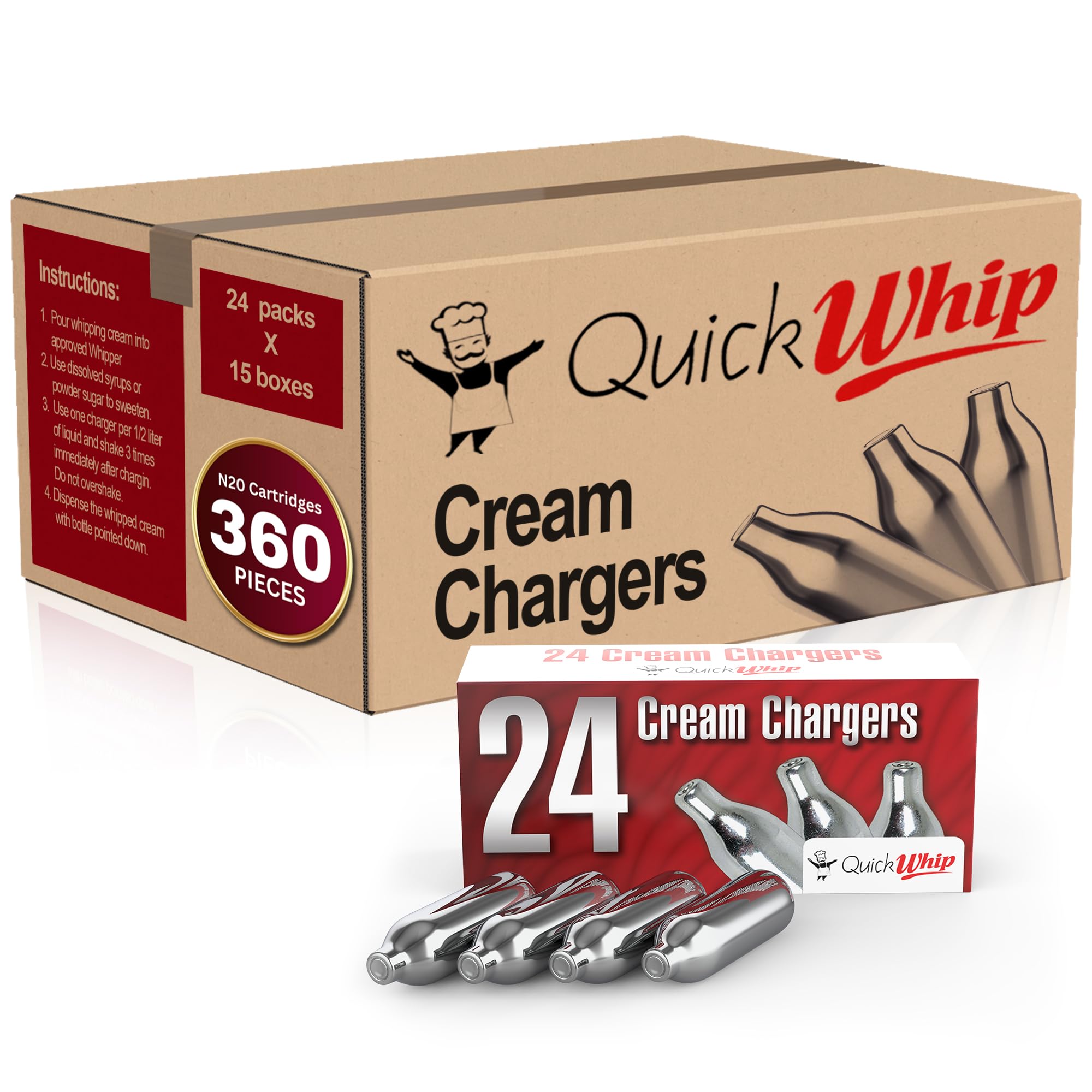 Premium N2O Whipped Cream Chargers - 8g Culinary-Grade Nitrous Oxide Cartridges (360 Count Bulk Pack - 24 Packs x 15) for Professional & Home Use - Perfect for Desserts, Coffee Toppings & Cocktail Garnishes