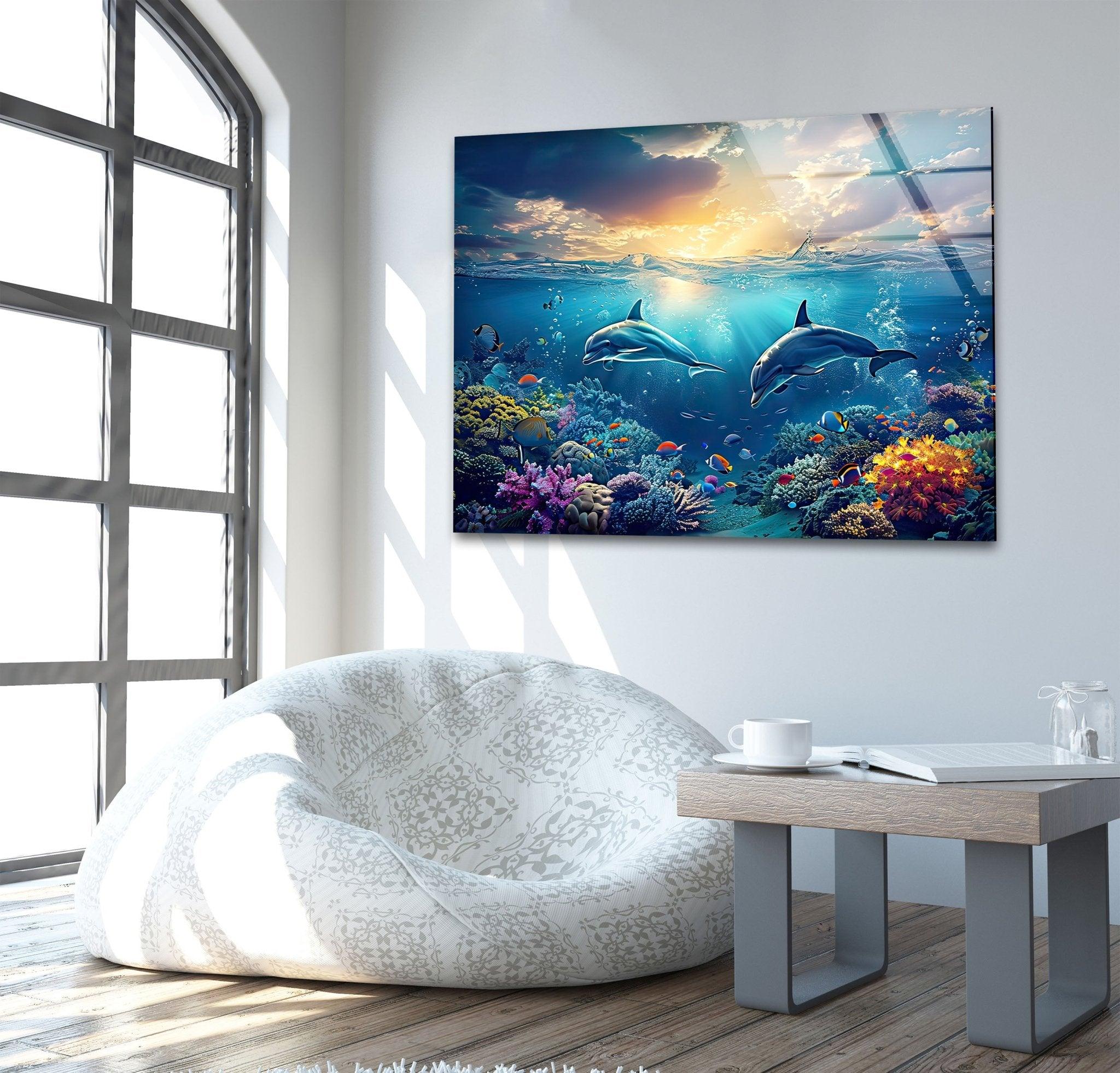 Stunning Dark Blue Dolphins Glass Wall Art - Handmade Ocean Themed Decor for Living Room, Bedroom & Office
