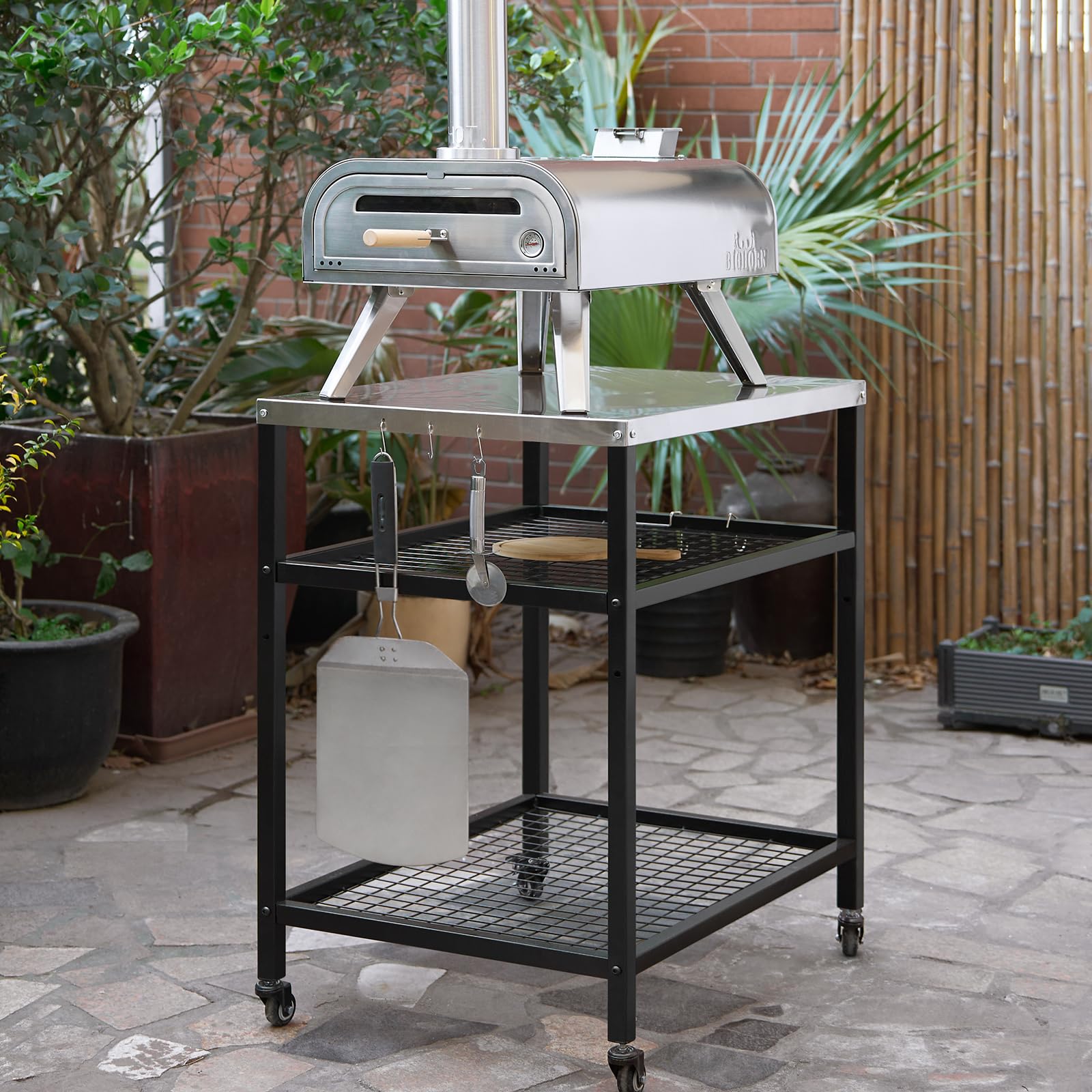 **Stainless Steel Outdoor Pizza Oven Stand with Wheels - 80x60x90cm BBQ Grill Cart for Kitchen, Patio, Backyard & Garden - Perfect for Pizza Making, Food Prep & Outdoor Dining**