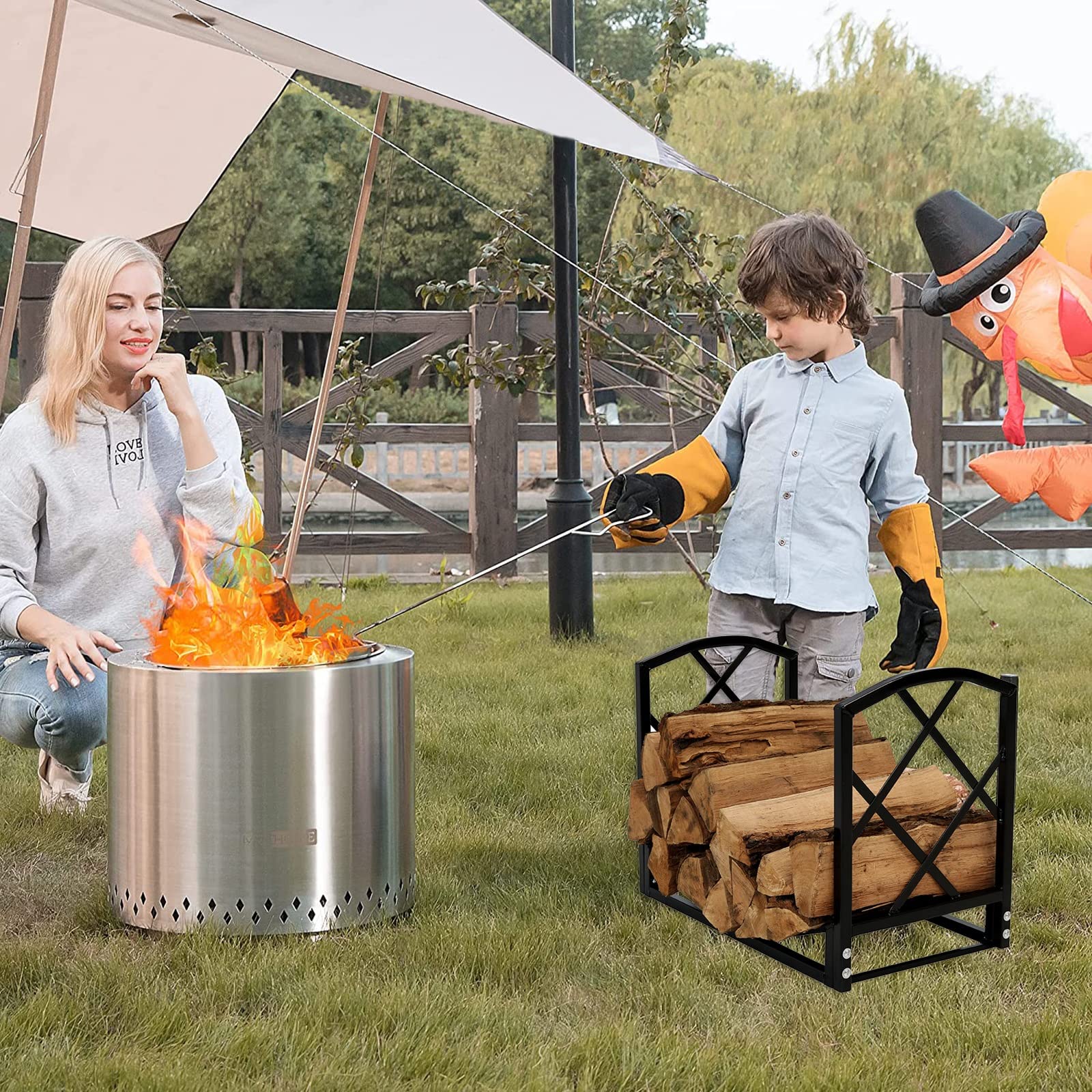 Heavy Duty Firewood Log Rack with Wheels - Wooden Fireplace Tool Set for Indoor/Outdoor Use - Storage Organizer Holder for Fireplace, Stove & Fire Pit Accessories - Perfect for Patio, Backyard & Camping
