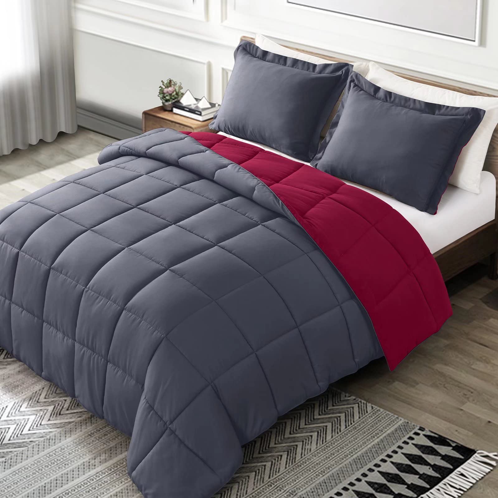 Lightweight Reversible All-Season Down Alternative Comforter Set King Size - 3 Piece Bedding Set with 1 Comforter & 2 Pillow Shams in Red/Dark Grey | Perfect for Summer & Year-Round Comfort in Bedroom, Guest Room, or Dorm