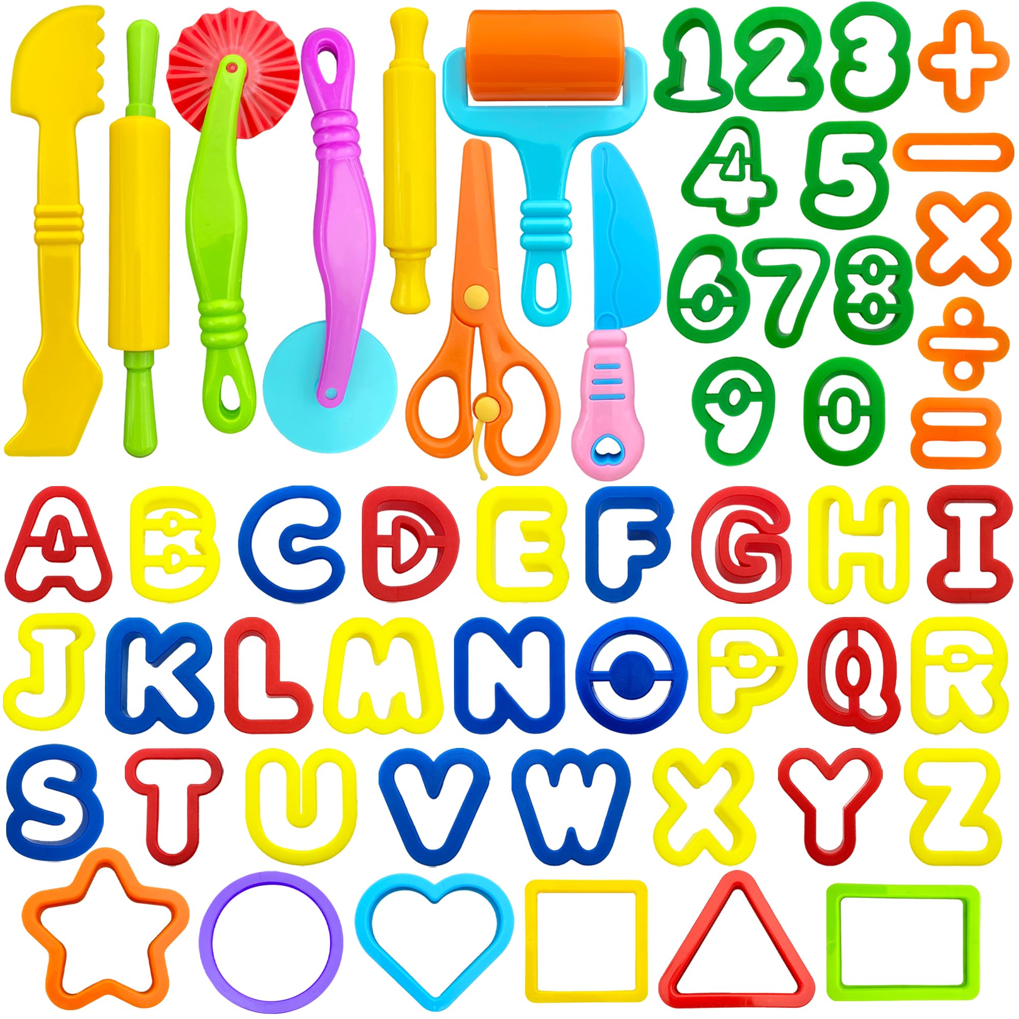 55-Piece Play Dough Tools Set for Kids - Alphabet, Numbers & Shape Cutters with Rollers & Scissors - Creative Learning & Sensory Play Toy for Preschool Classroom, Homeschool & Birthday Party Activities