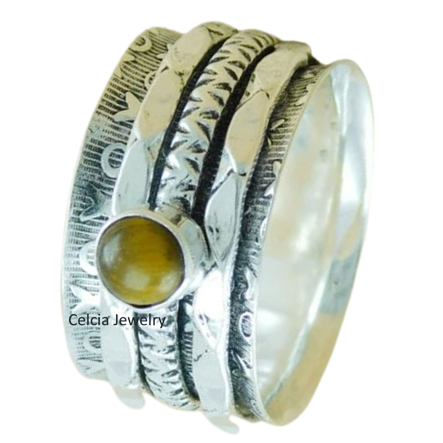 Genuine Tiger Eye Gemstone Handmade Sterling Silver Spinner Ring - 925 Silver Meditation & Anxiety Relief Jewelry for Men & Women - US Size 7 - Perfect for Stress Relief, Mindfulness Practice & Everyday Wear