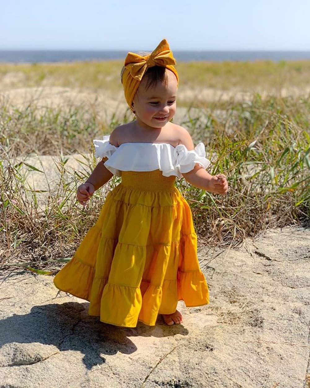 BULINGNA Fashion Girls Off-Shoulder Crop Top & High Waist Ruffled Maxi Skirt Set with Headband - Summer Toddler Outfit for Beach, Party & Photo Shoots