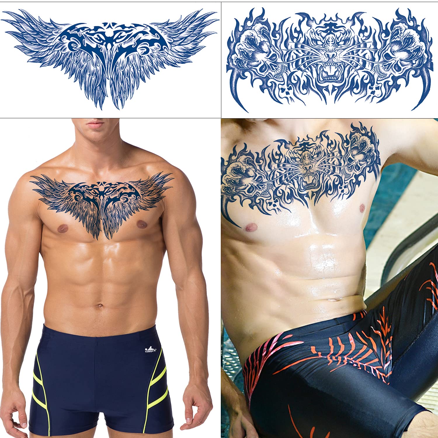 Glaryyears 4-Pack Large Semi-Permanent Chest Tattoos for Men - Dragon, Tiger, Wings & Letter Designs - Waterproof Temporary Tattoos for Shoulder, Upper Back & Thorax - Perfect for Light & Dark Skin | Great for Parties, Halloween, Cosplay & Body Art Enthusiasts