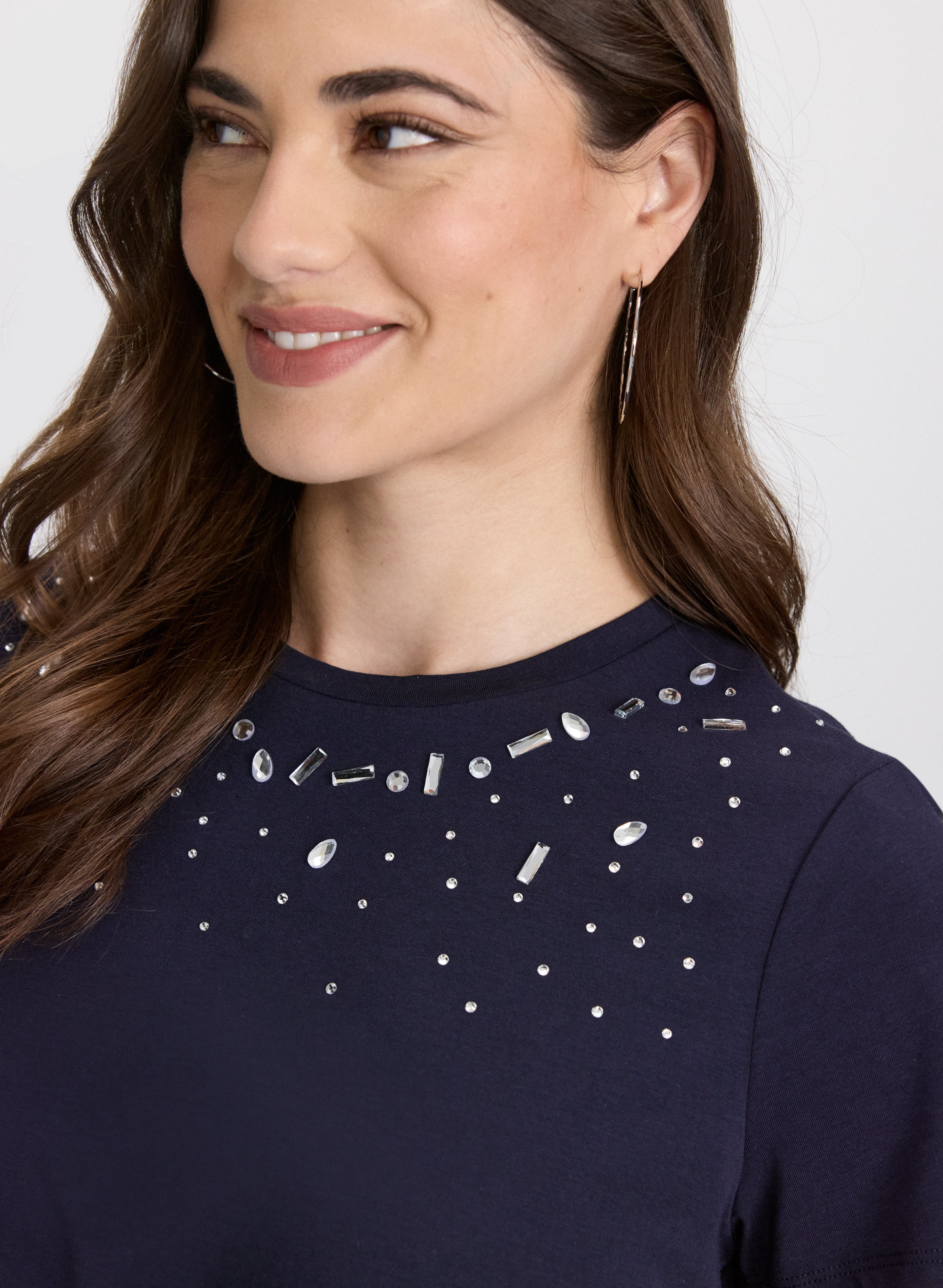Crystal Trim T-Shirt for Women - Elegant Rhinestone Embellished Top for Casual & Party Wear | Perfect for Date Nights & Special Occasions