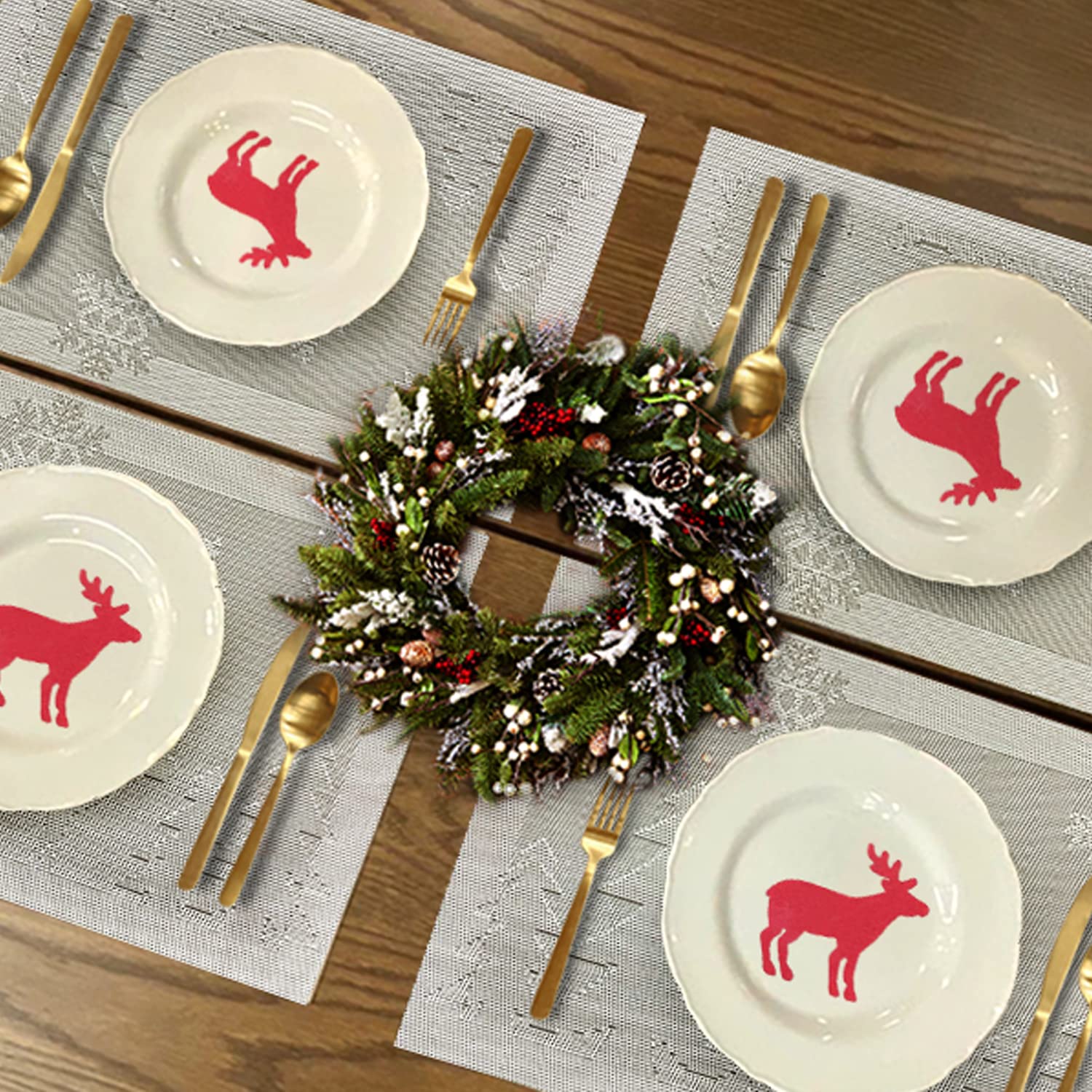 6-Pack Christmas Reindeer Silver Woven Vinyl Non-Slip Placemats - Washable & Anti-Skid Table Mats for Kitchen Dining, Holiday Decor & Family Gatherings