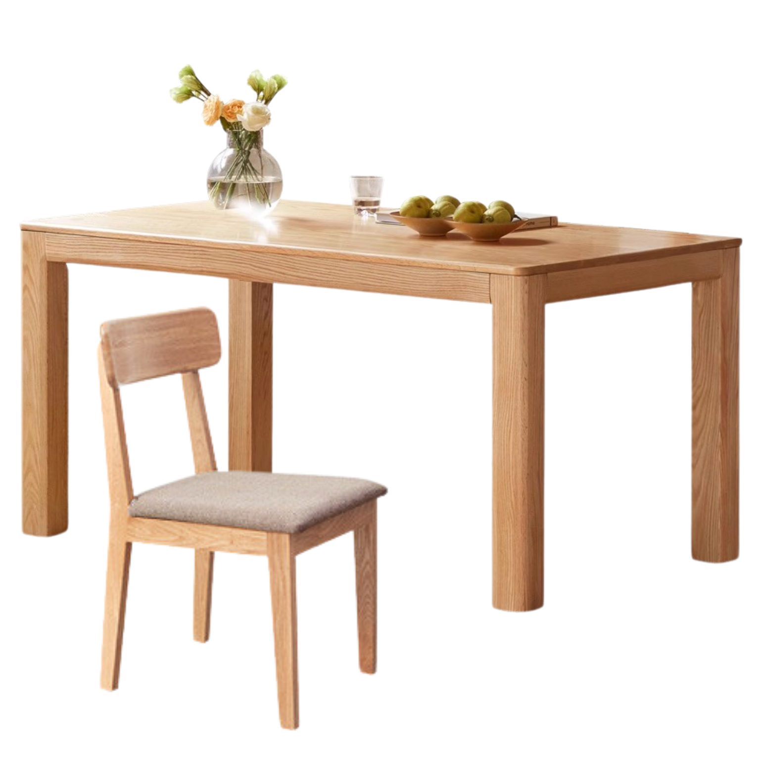 62.9x33.4x29.9 inch / 160x85x76 cm / Natural Wood Color / Dining table + four chairs -