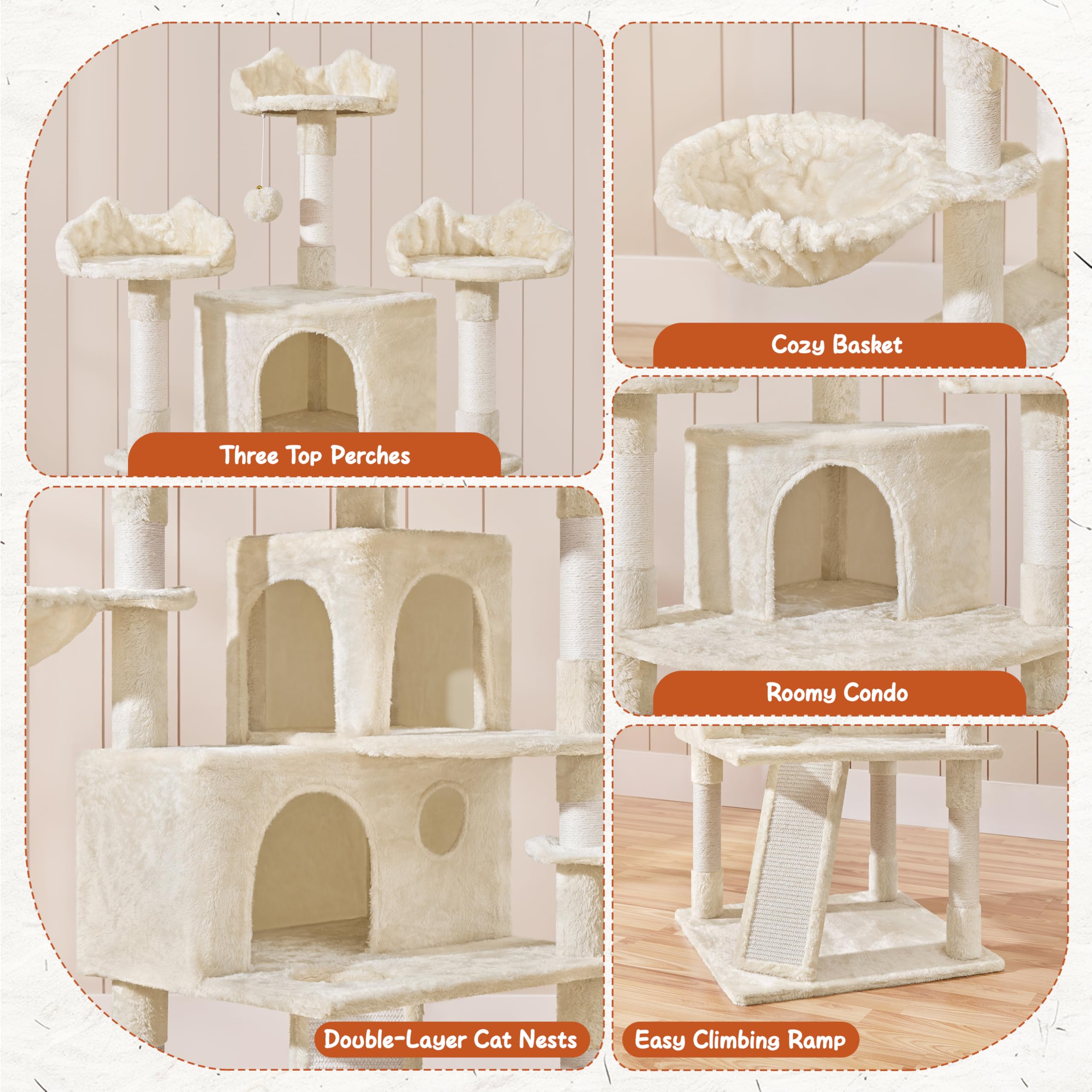 Topeakmart 76.5'' Extra Large Cat Tree for Indoor Cats - Multi-Level Cat Tower with 3 Cozy Perches, 3 Warm Condos & Scratching Posts - Perfect for Large Cats Play, Climb & Rest in Living Room, Bedroom or Office