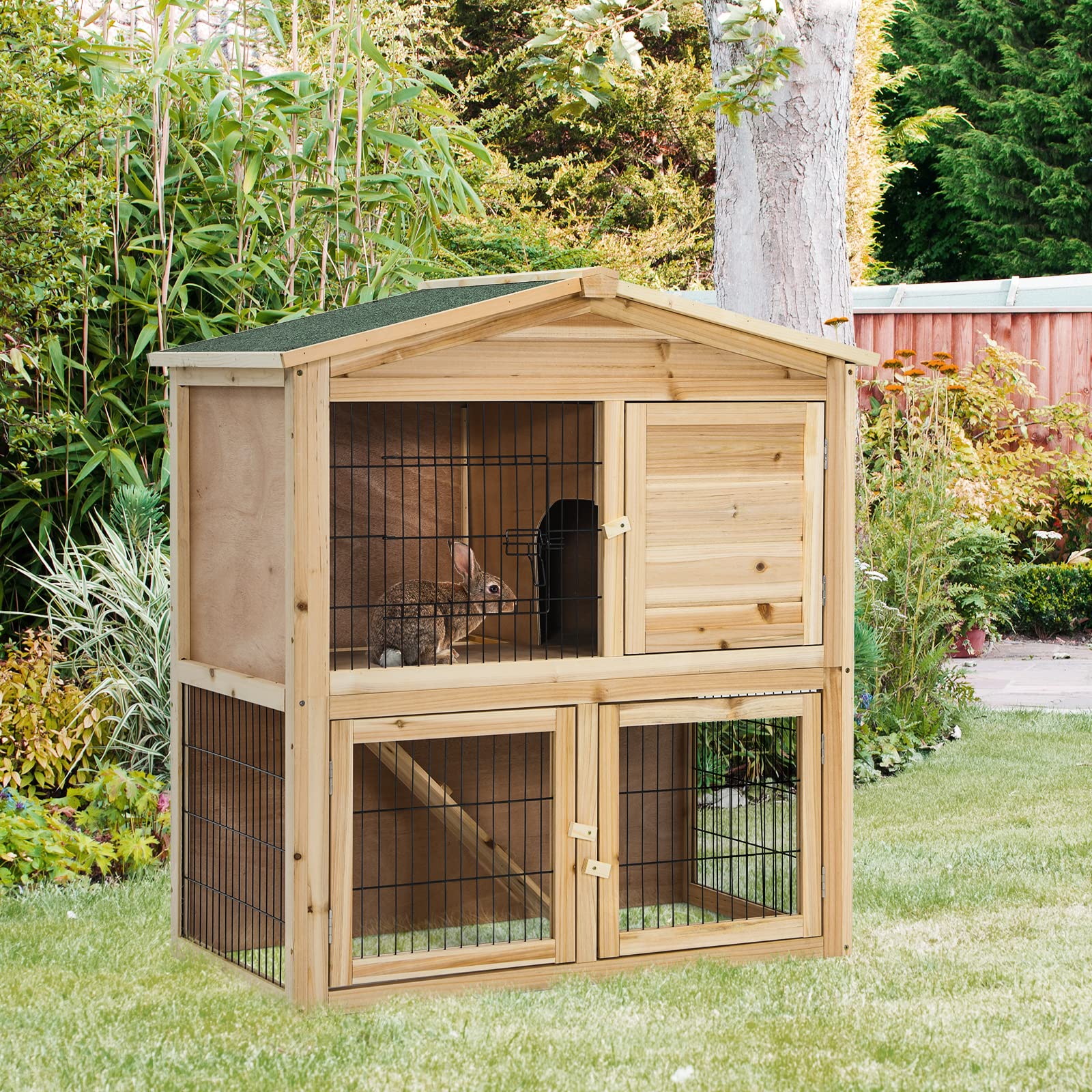 GRAFFY 2-Story Wooden Rabbit Hutch - Large Bunny Cage Mansion for Indoor & Outdoor Use with 4 Lockable Doors, Waterproof Roof & Ramp - Perfect for Rabbits, Chickens & Small Pets (40
