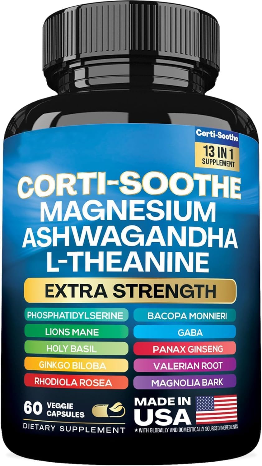 Cortisol Manager Supplement with Magnesium Glycinate 200mg, L-Theanine 150mg & Ashwagandha - Stress Relief & Sleep Support - 60 Capsules - Perfect for Busy Professionals & Students