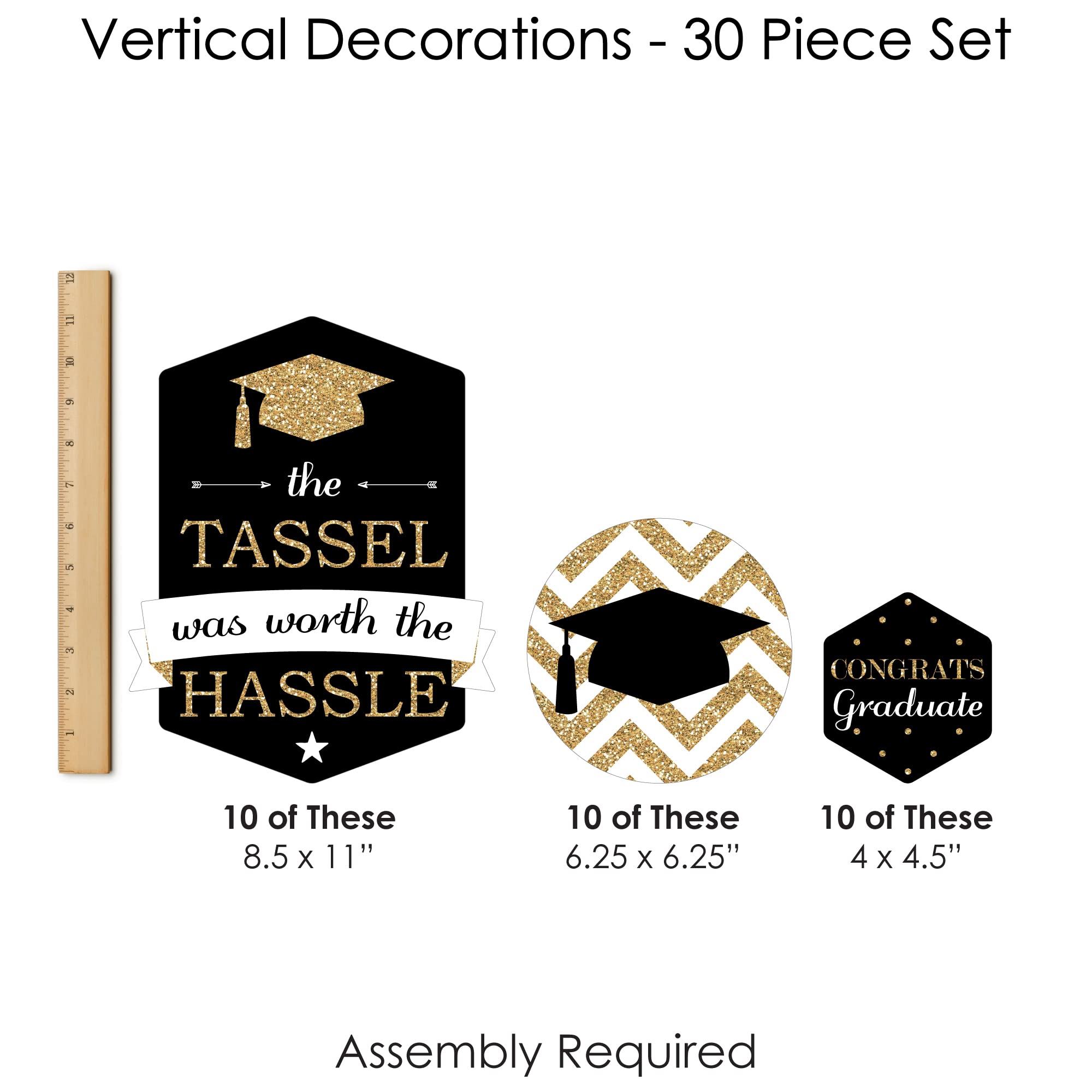 Big Dot of Happiness Gold Graduation Party DIY Dangler Backdrop - 30 Pieces Hanging Vertical Decorations for Graduation Ceremony, Photo Booth & School Events