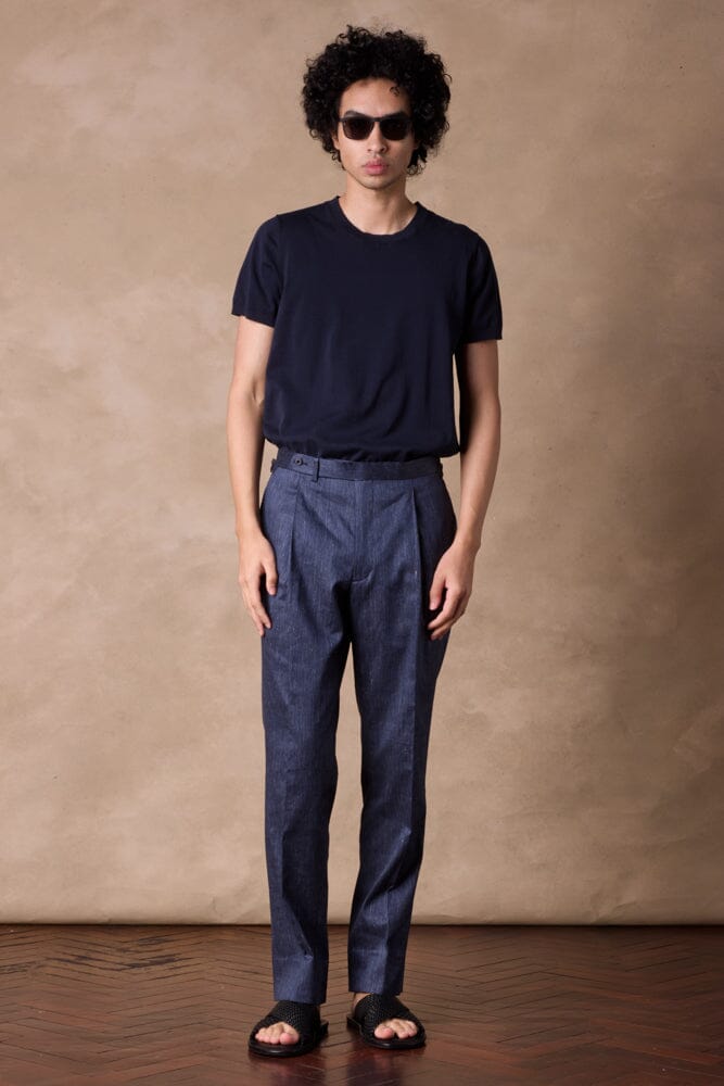 Como Pleated Trousers for Women - Dark Denim Blue Cotton Linen Stretch Pants | Comfortable & Stylish Casual Wear for Office, Travel & Everyday Outfits