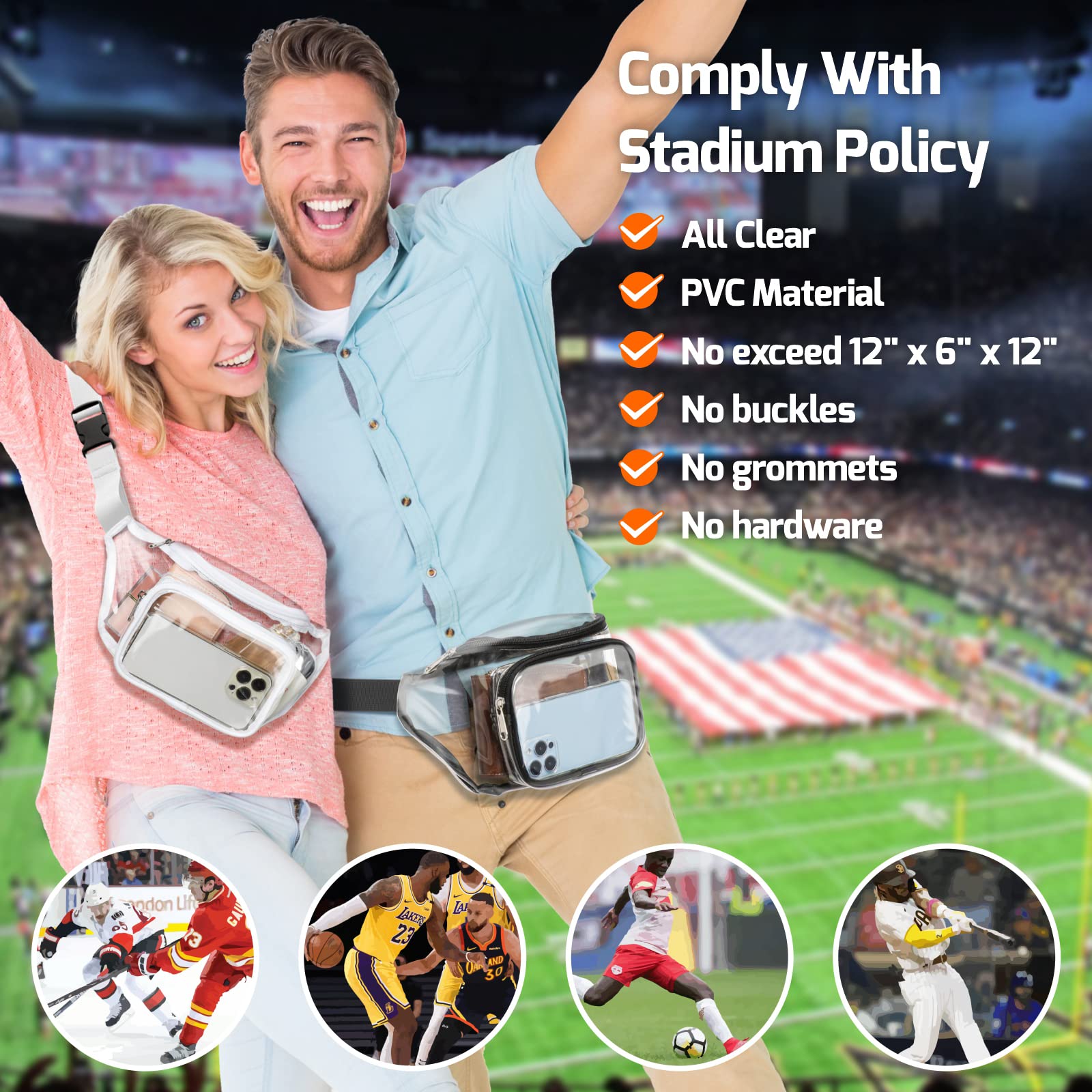 Veckle 2 Pack Clear Fanny Pack - Adjustable Waist Bag for Women & Men | Stadium Approved Transparent Belt Bag | Perfect for Sports Events, Travel, Beach & Concerts | Black + White | Hands-Free Convenience for Running, Shopping & Outdoor Activities