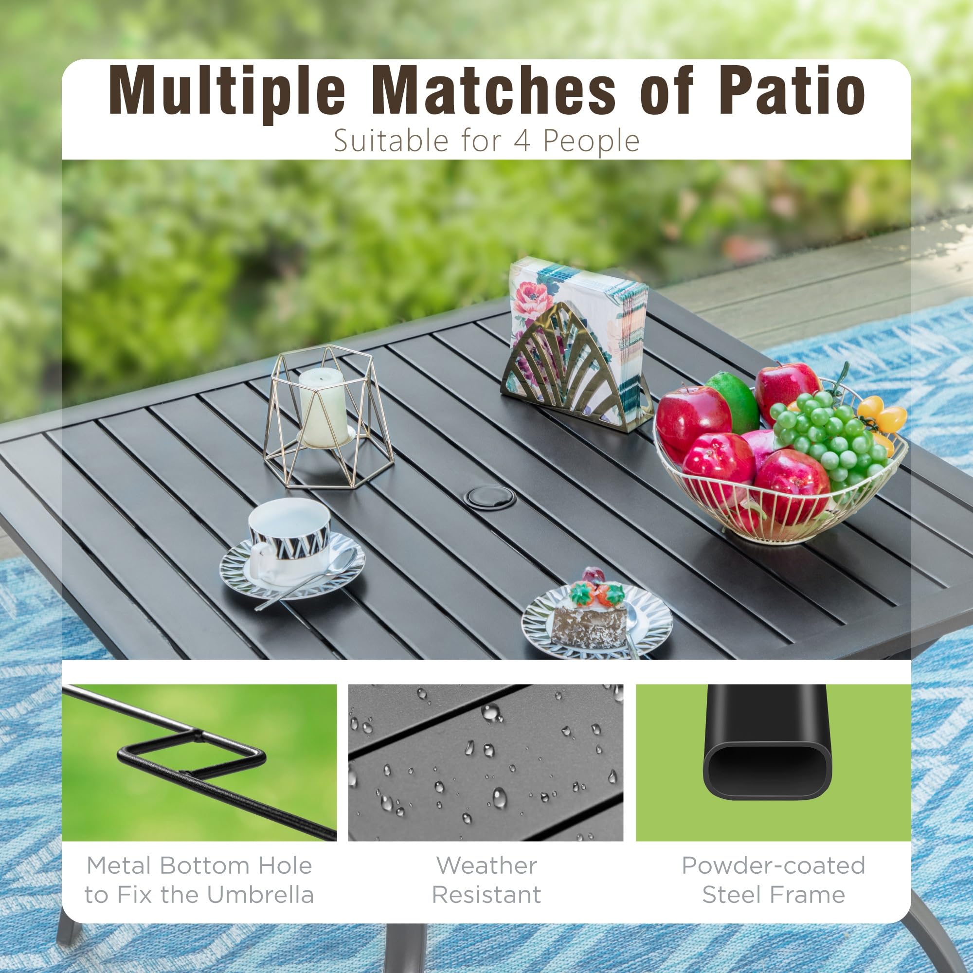 4-Person Outdoor Patio Dining Table - Square Metal Garden Table with Umbrella Hole for Backyard, Porch & Balcony | Perfect for BBQ Parties, Family Gatherings & Outdoor Entertaining