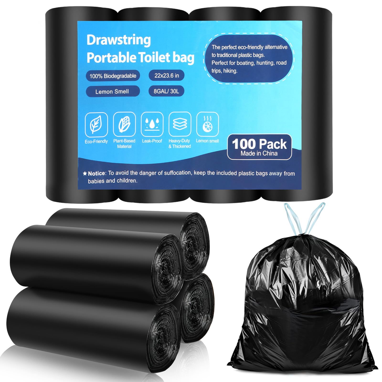 100 Biodegradable Portable Toilet Bags - 8 Gallon Drawstring Camping Waste Bags for 5-8 Gallon Bucket Toilets | Ideal for Outdoor Camping, RV Trips, Hiking, and Emergency Preparedness