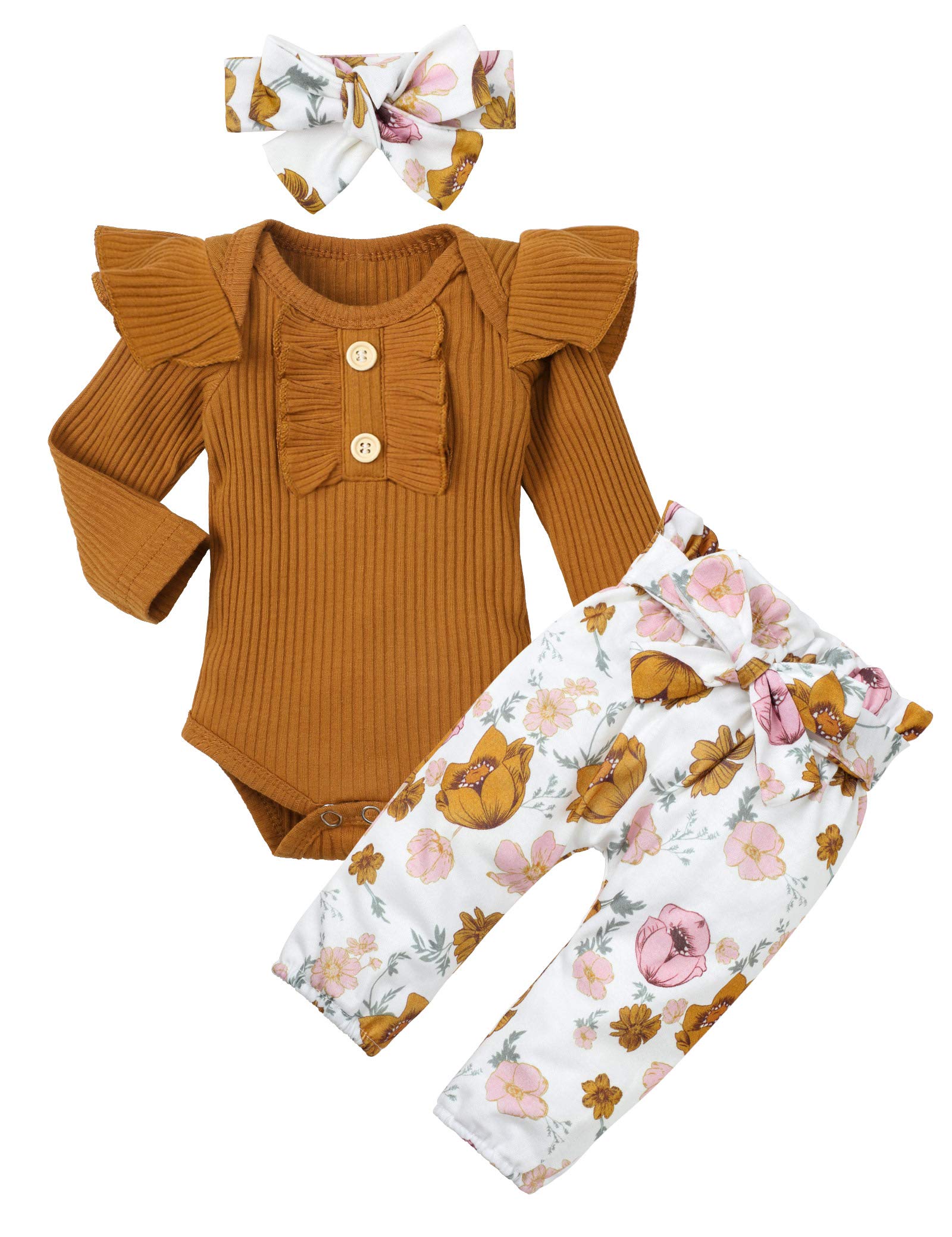 KANGKANG Newborn Baby Girl Outfit Set - Ribbed Ruffle Sleeve Romper, Floral Pants & Headband | 3-Piece Cute Infant Clothing for Photo Shoots, Parties & Daily Wear
