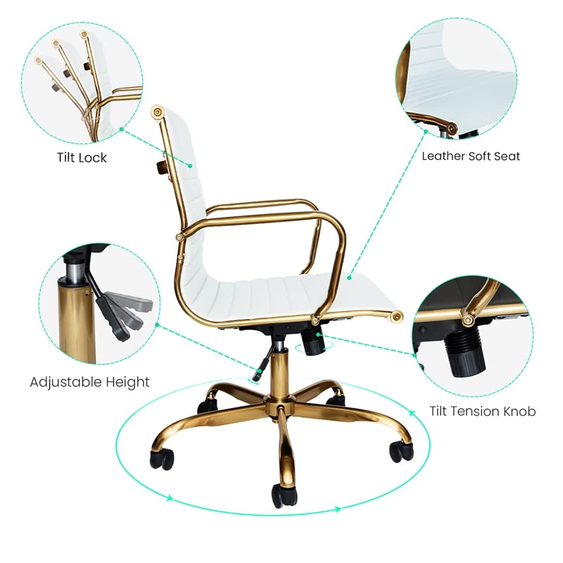 Harris Modern Leather Swivel Office Chair - White & Gold Executive Desk Chair with Ergonomic Support | Perfect for Home Office, Conference Rooms & Workspaces