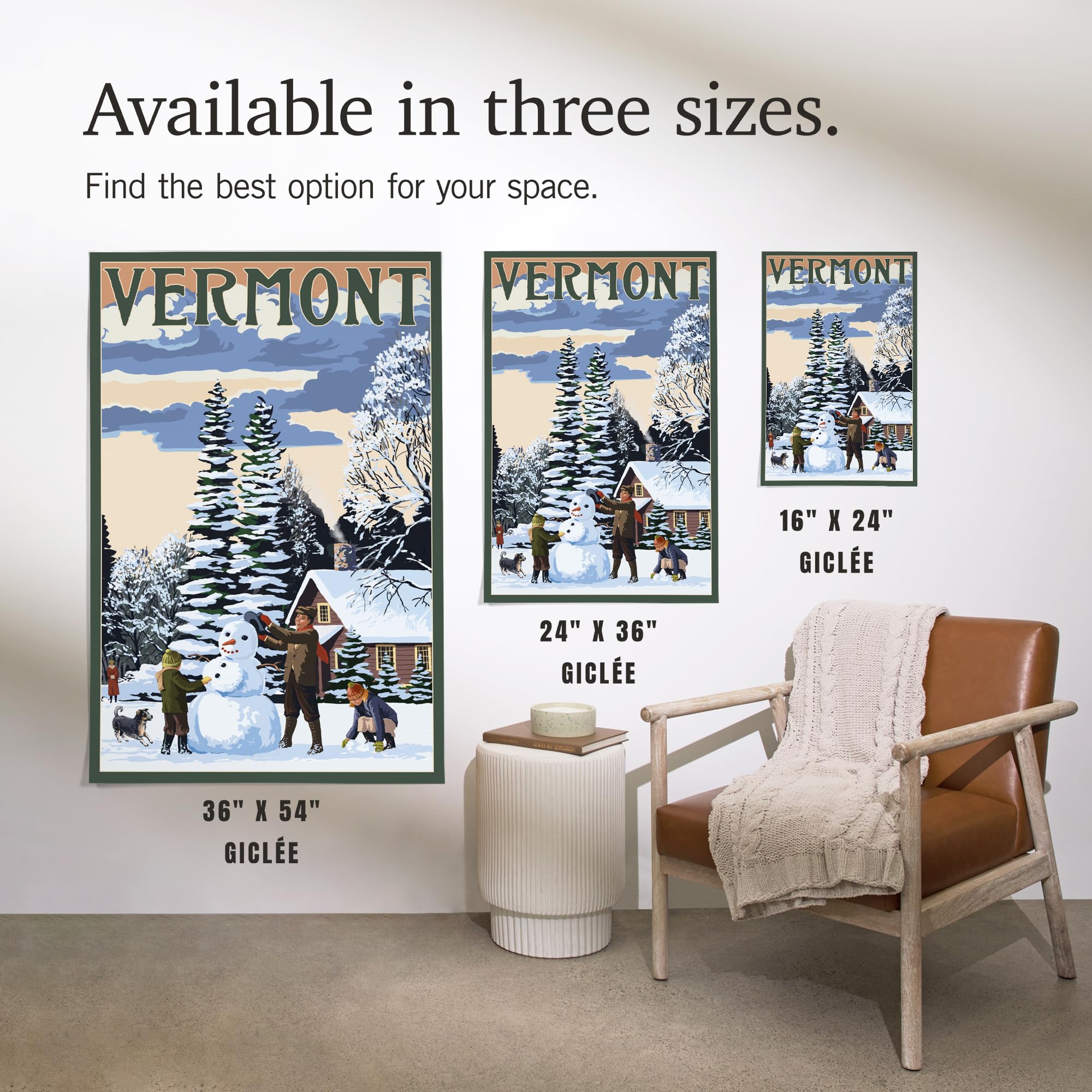 Lantern Press 16x24 Inch Giclee Art Print - Vermont Snowman Winter Scene Wall Decor for Living Room, Bedroom & Office