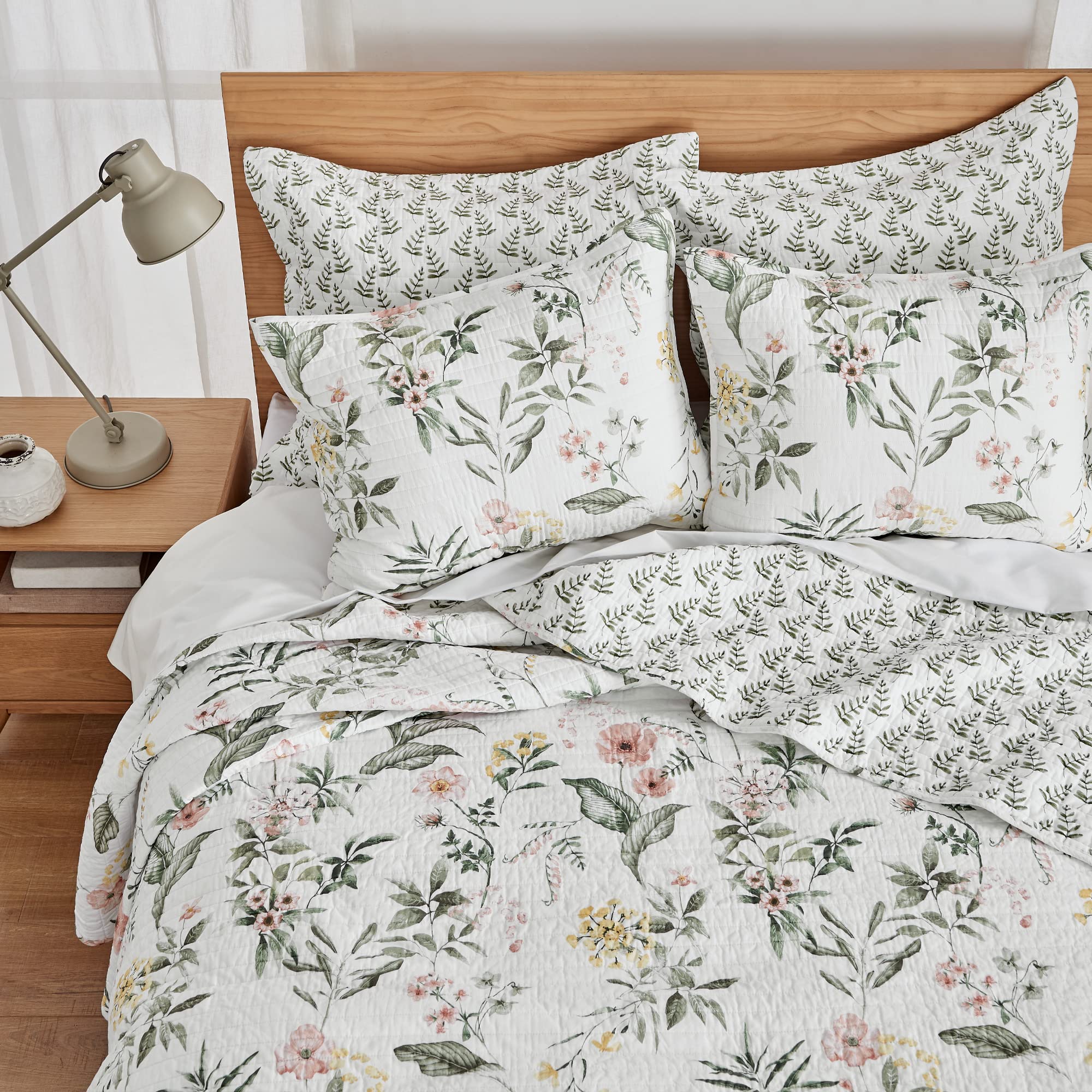 Levtex Home Viviana Reversible Cotton Quilt Set - King/Cal King Size (106x92in) with 2 Pillow Shams (36x20in) - Botanical Floral Design in Coral, Green, Yellow & Cream - Perfect for Master Bedroom, Guest Room & Cozy Home Decor