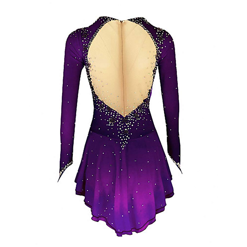 Elegant Purple & Yellow Halo Dye Spandex Ice Skating Dress with Handmade Crystals - Long Sleeve Figure Skating Costume for Competitions & Performances