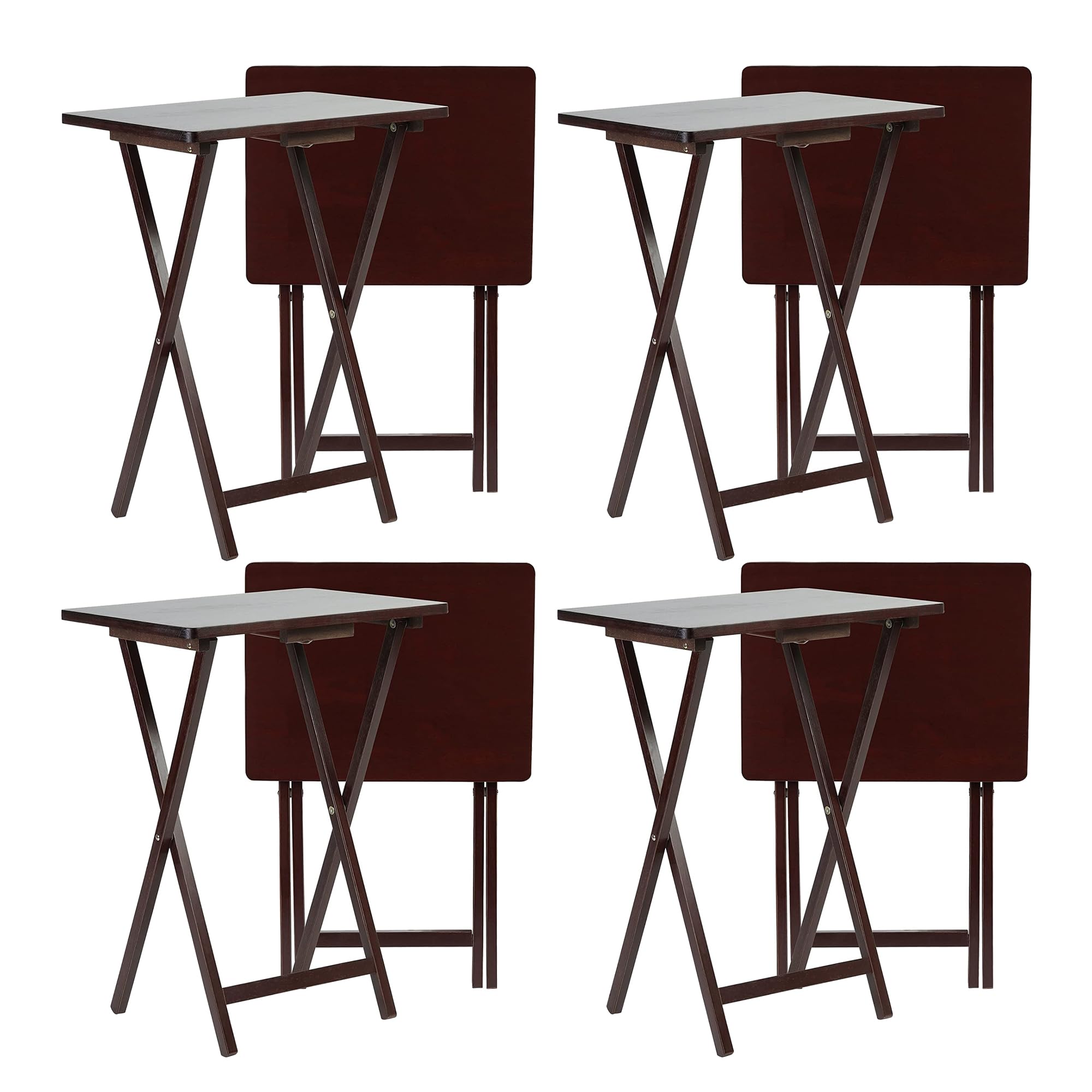PJ Wood Solid & Sturdy Portable Folding TV Tray Table - Espresso Brown Wooden Snack Desk Serving Stand (8-Piece Set) - Perfect for Living Room, Bedroom, Office & Outdoor Use