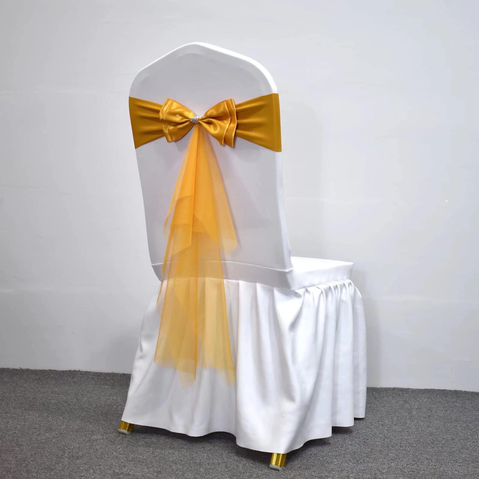 Stretch Spandex Chair Sashes - 100pcs Gold Polyester Chair Ribbons & Bows for Wedding, Banquet, Party Decorations | Perfect for Hotel Events, Bridal Showers & Reception Chair Decor