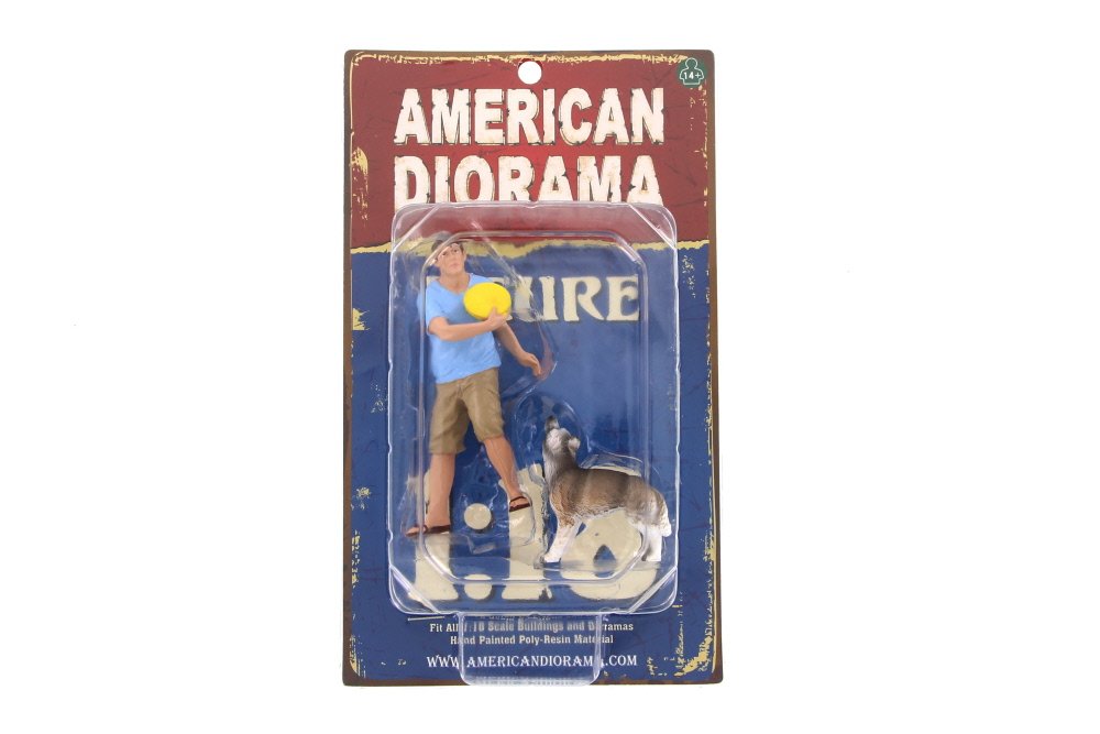 1:18 Scale American Diorama 23889 Man with Dog Figurine - Blue, Yellow, Green Colors - Perfect for Model Train Scenes, Diorama Displays & Collectible Showcases