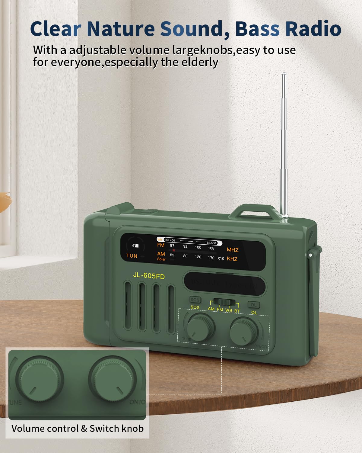8000mAh Emergency Weather Radio with Solar & Hand Crank - AM/FM/NOAA Portable Radio, Bluetooth Speaker, Flashlight, SOS Alarm & Power Bank - 4-Way Charging for Outdoor Camping, Hiking & Emergency Preparedness (Green)