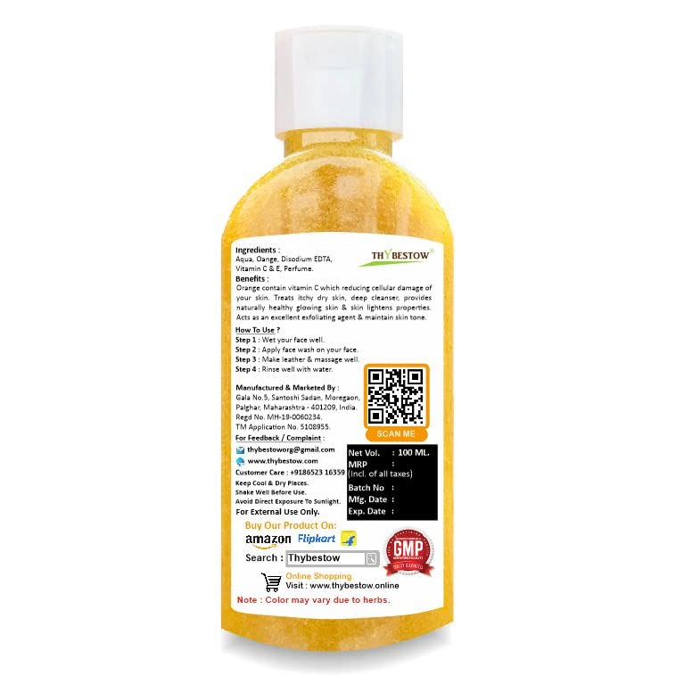 ThyBestow Vitamin C Orange Face Wash for Men & Boys - Brightening & Acne Control (Pack of 2, 100ml) - Daily Skincare for Oily & Sensitive Skin
