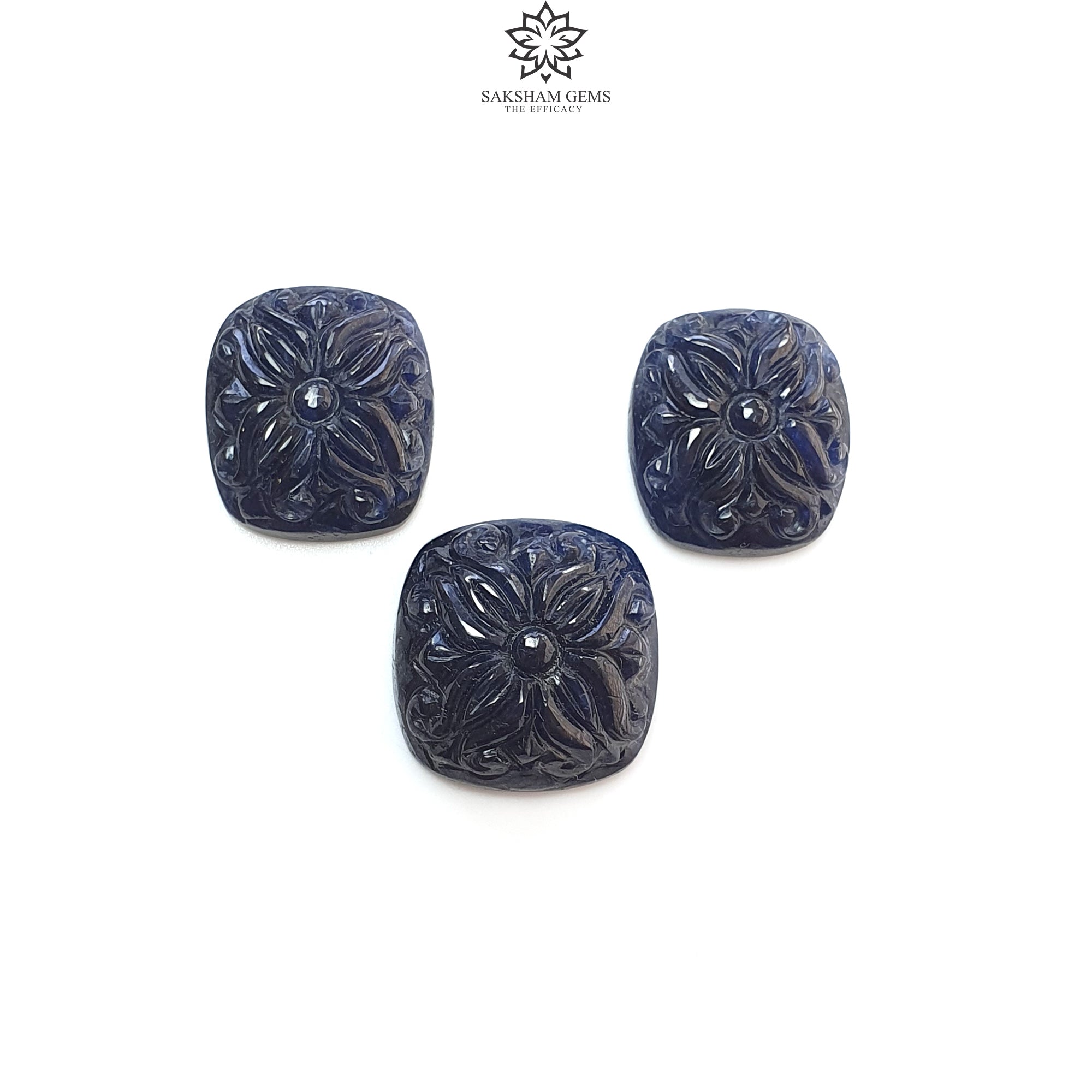 Natural Deep Blue Sapphire Gemstone Carving - 62.60cts Untreated Unheated Hand-Carved Cushion Shape (17x15mm & 18x20mm, 3pcs) | Jewelry Making, Engagement Rings & Luxury Gift Ideas