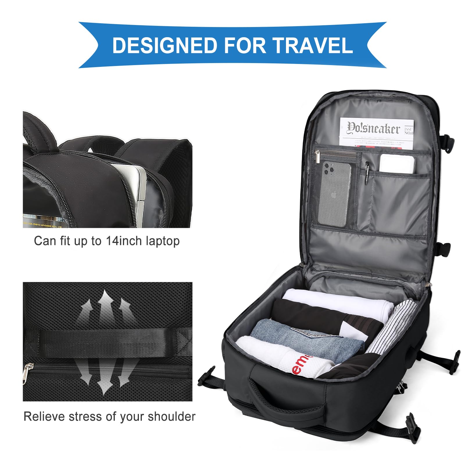 TSA Approved Underseat Carry On Backpack for Women - 14 Inch Laptop Travel Backpack, Cabin Bag Airplane Personal Item, Business Casual Work & Weekend Getaway - Compact Black Hand Luggage for Flights