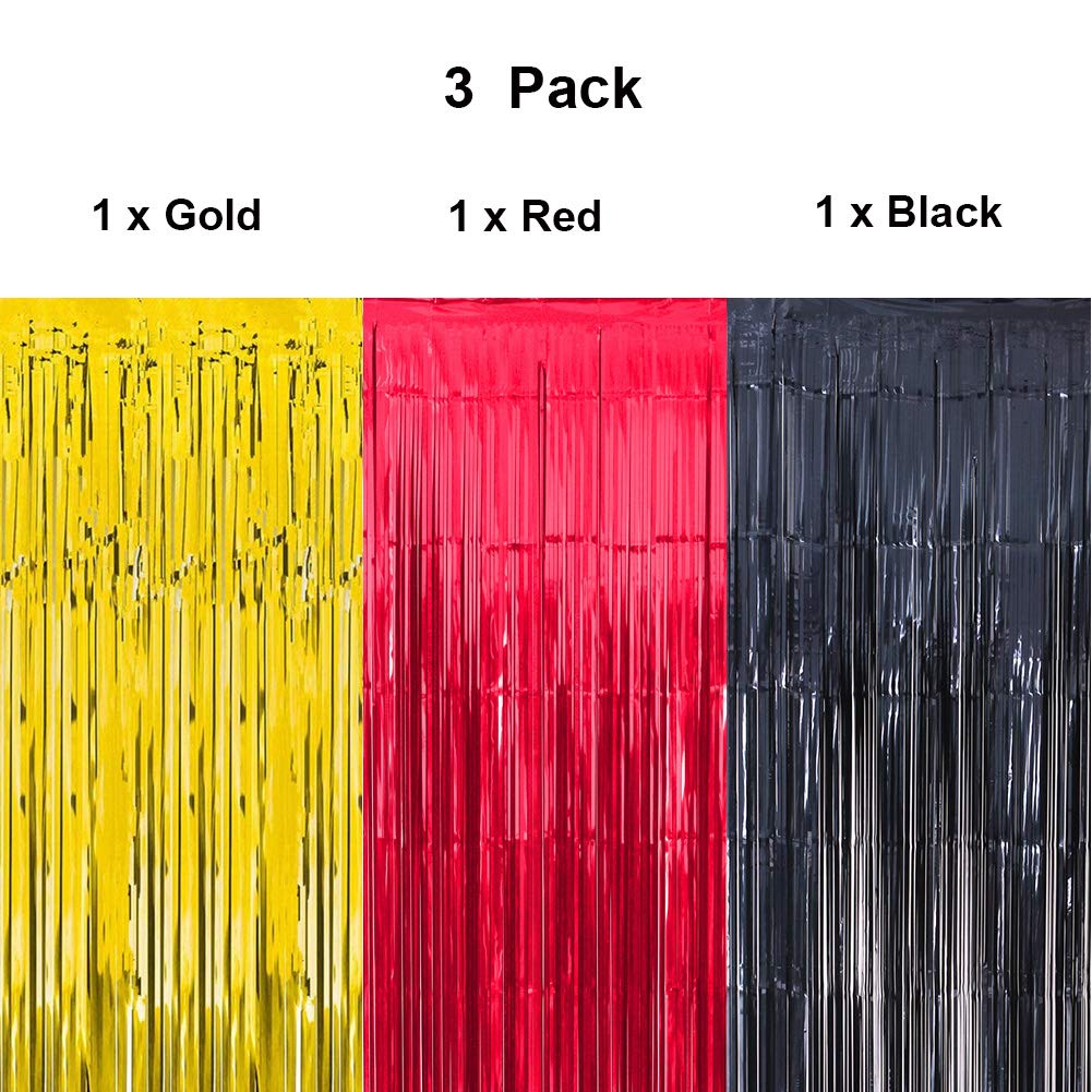 Cartoon Mouse Party Decorations - 3 Pack Black Red Gold Tinsel Foil Fringe Curtains (3.2x6.6 ft) for Birthday Photo Booth Backdrop, Baby Shower & New Year Party Supplies - Perfect for Kids Birthday Decor, Themed Events and Festive Celebrations