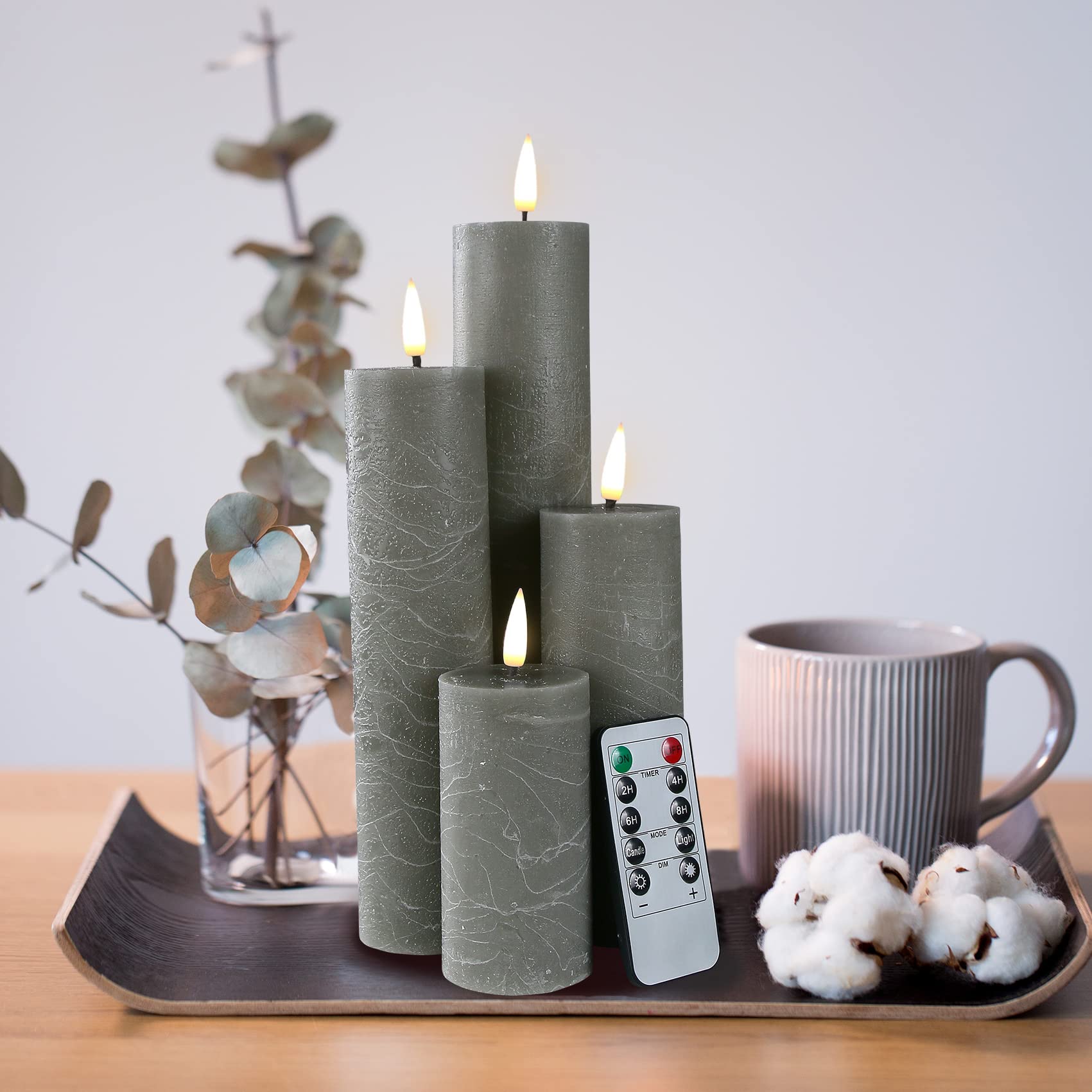 Realistic Grey Slim Flameless LED Pillar Candles with Remote - Battery Operated Flickering Wax Candles Set of 4 for Home Decor, Wedding Centerpieces & Romantic Dinner Ambiance