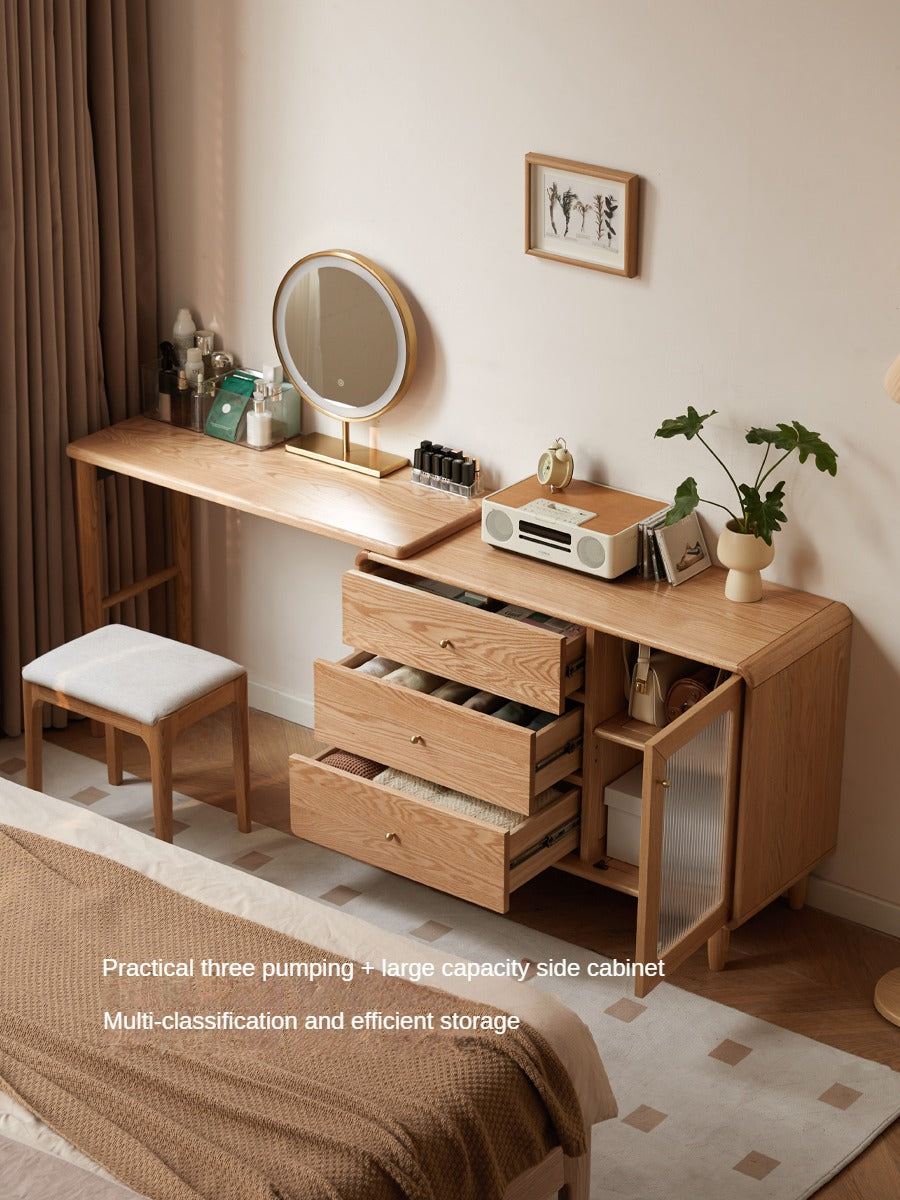 Solid Oak Retractable Vanity Dressing Table with Mirror - Perfect for Bedroom, Bathroom & Small Space Makeup Organization