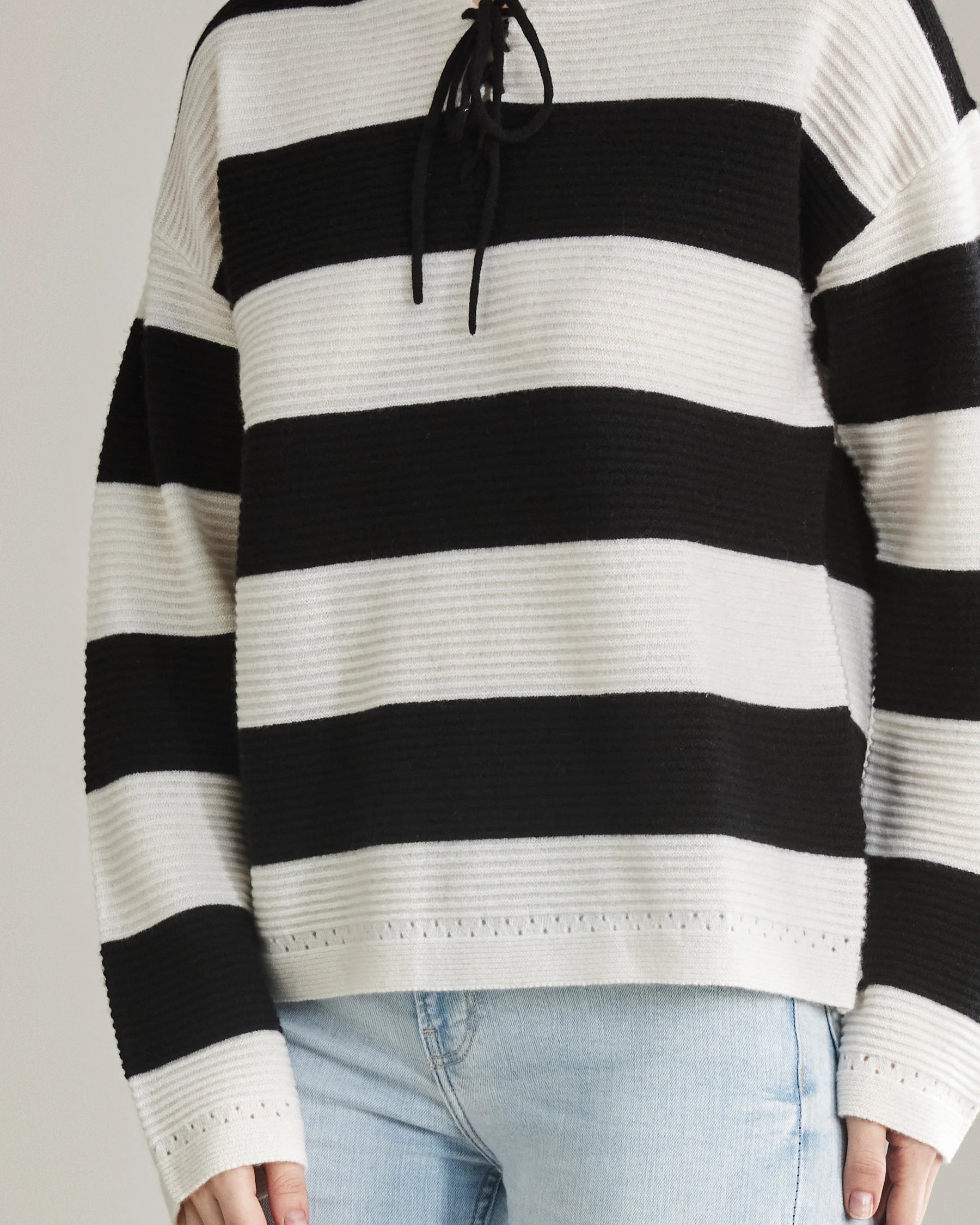 Elegant Striped Lace-Up Cashmere Sweater for Women - Soft Winter Pullover for Office & Date Nights