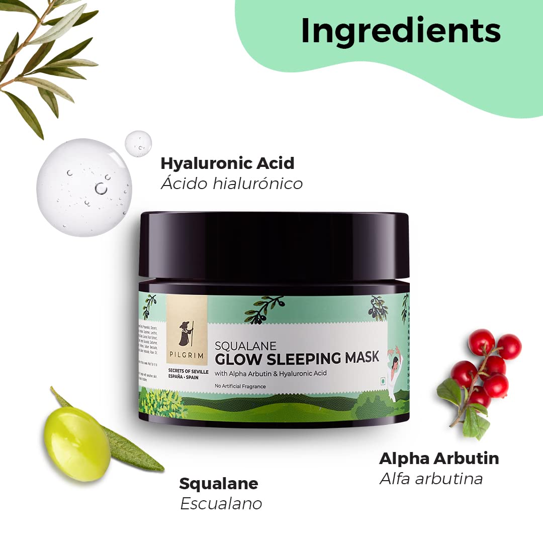 Pilgrim Squalane Night Skincare Set - Foaming Face Wash with Brush (120ml), Roll-on Under Eye Serum (15ml), Glow Sleeping Mask (50g) | Hydrating Facial Kit for Men & Women | Perfect for Nighttime Routine & Travel Skincare | Free Jute Bag Included