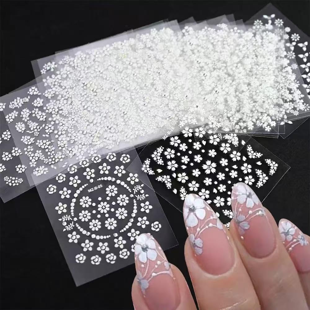 3D White Flower Nail Art Stickers with Rhinestones - Self-Adhesive Nail Decals for Professional Salon & Home Manicure - 30 Sheets Floral Nail Designs for Wedding, Party & Everyday Nail Decorations