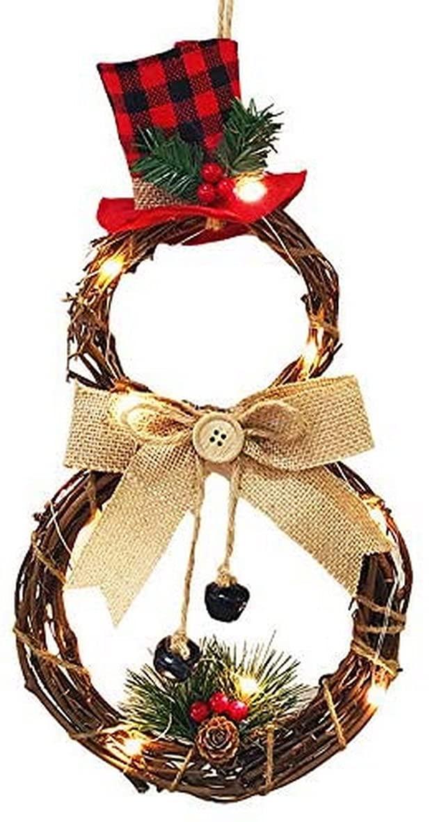 LED Christmas Wreath with Fairy Lights - Rattan Snowman Holiday Door Wreath for Xmas Decorations, Indoor/Outdoor Party Decor, Wall Hanging Garland for Front Door, Fireplace & Holiday Party Decorating