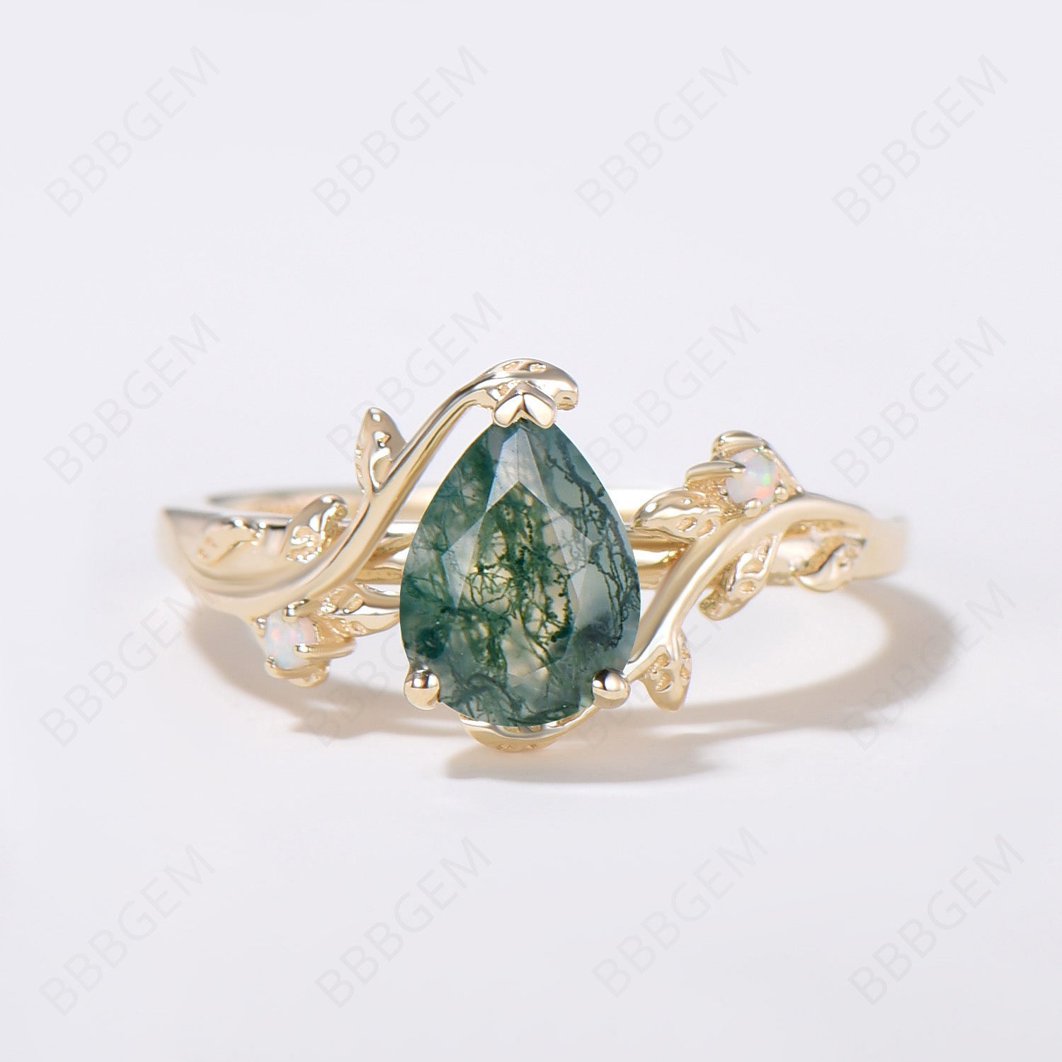 Nature Inspired Twig Leaf Pear Moss Agate Engagement Ring Set - Handcrafted Sterling Silver Wedding Band for Women - Perfect for Outdoor Weddings & Nature-Themed Proposals