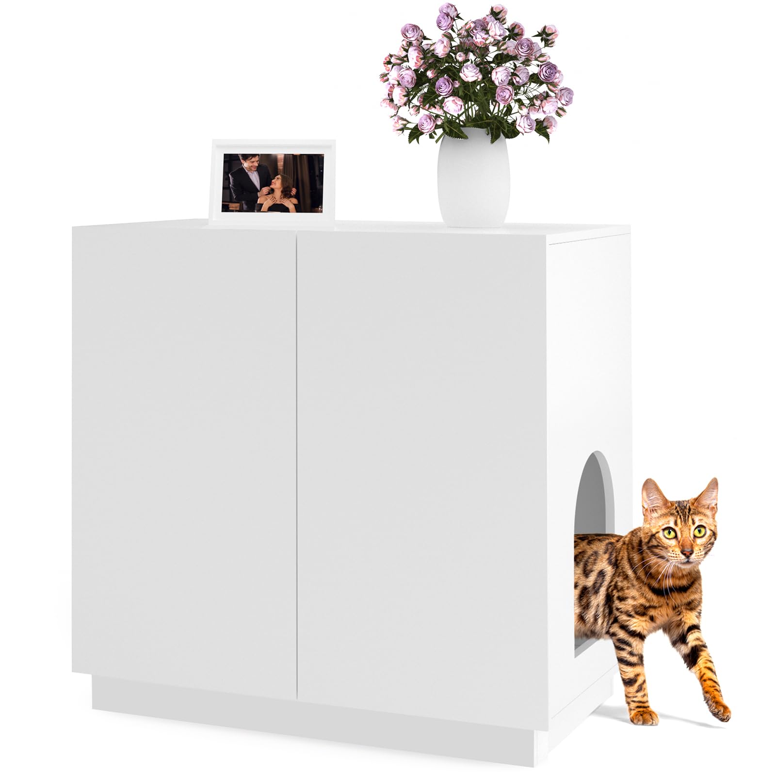 Modern Cat Litter Box Enclosure Furniture with Storage & Side Cabinet - Large Hidden Litter Box Furniture for Cats - White | Stylish Pet Furniture for Living Room, Bedroom or Bathroom