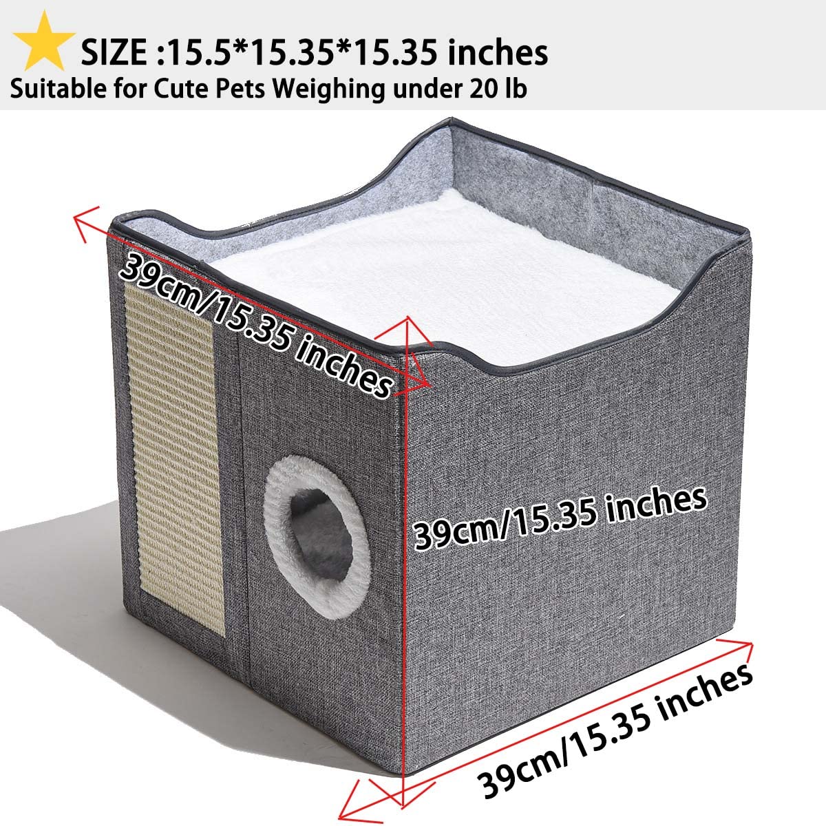 Premium Foldable Cat Bed House for Indoor Cats - Large Cozy Cave with Fluffy Hanging Ball & Scratch Board - 15.35