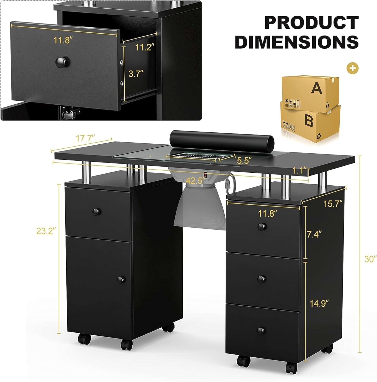 Professional Manicure Table with Glass Top - Electric Downdraft Ventilation, Wrist Cushion, Lockable Wheels & Storage Drawers - Perfect for Nail Salons, Home Studios & Mobile Nail Technicians (Black-Glass Design)