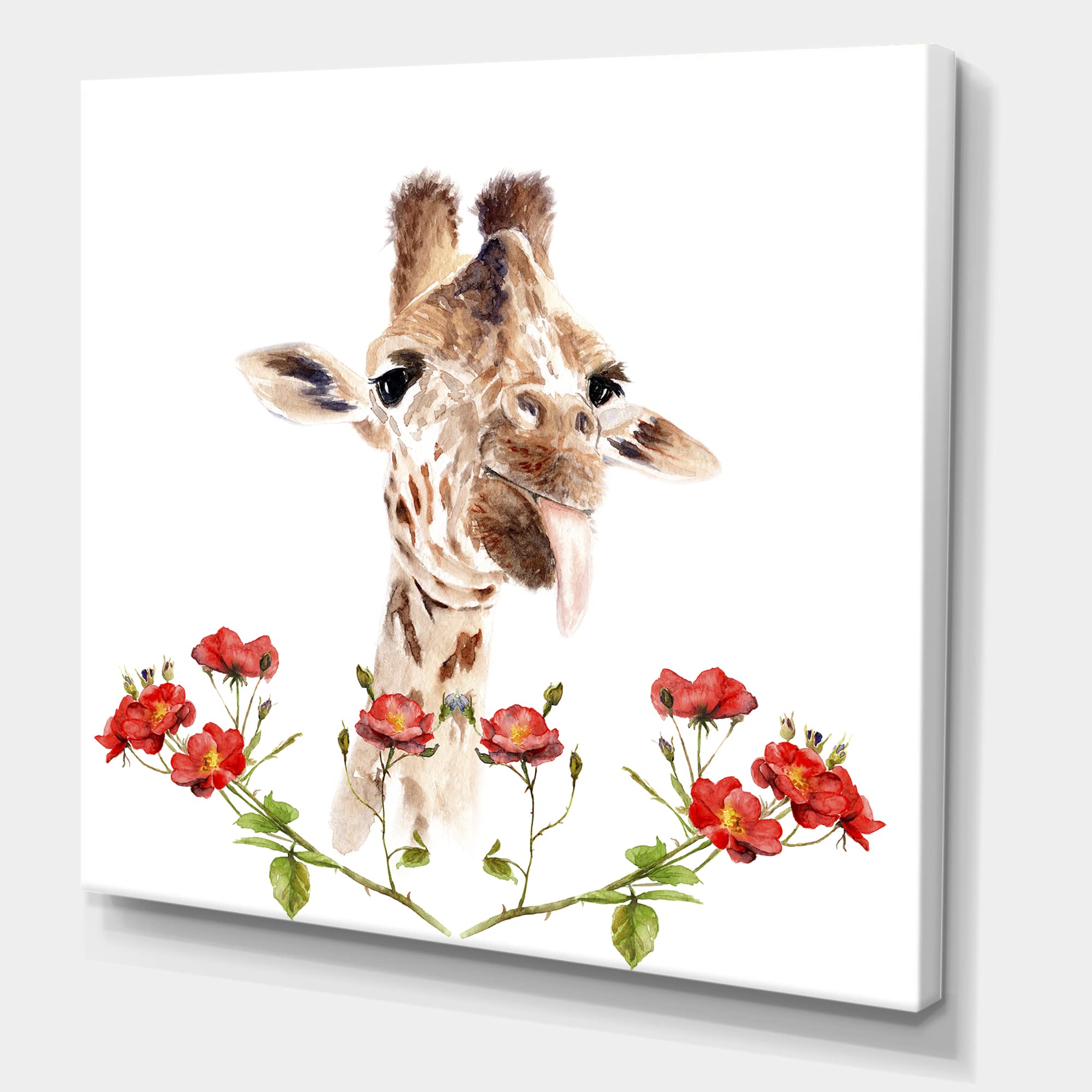 DesignQ Giraffe with Flowers II - Farmhouse Canvas Wall Art - Modern Home Decor for Living Room, Bedroom & Office