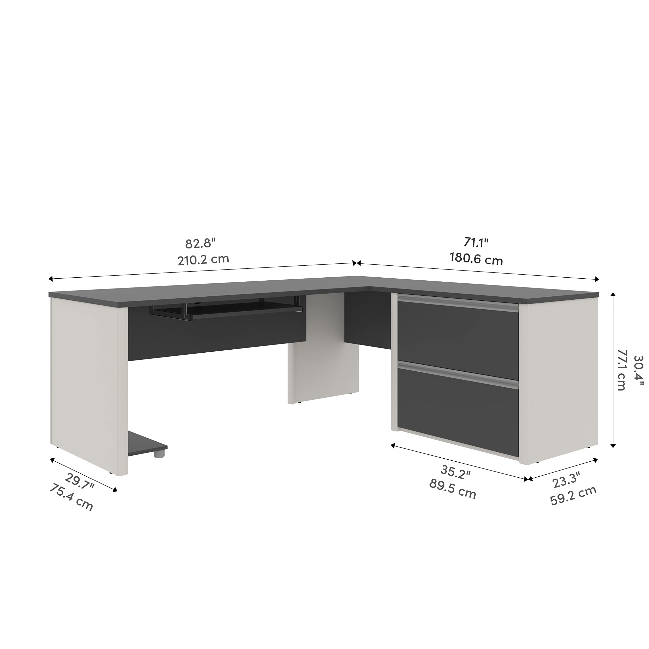 Bestar Connexion L-Shaped Office Desk with Oversized Storage Pedestal - Sandstone & Slate Finish for Home Office or Gaming Setup