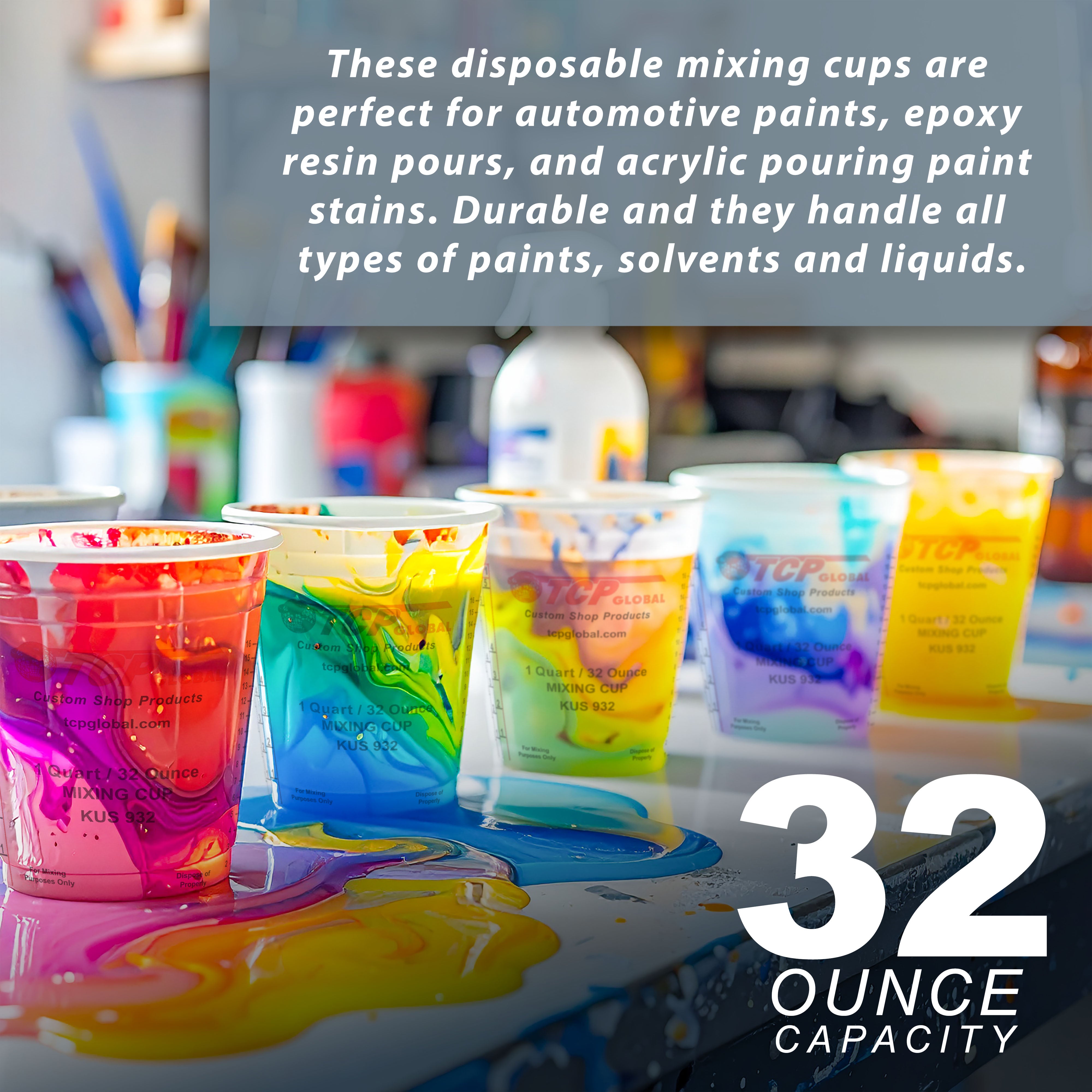 32oz Paint Mixing Cups (36 Pack) - Disposable & Reusable Plastic Measuring Cups for Liquids - Graduated Scale for Automotive Painting, Epoxy Resin, Acrylic Arts & Crafts - Perfect for DIY Projects, Home Renovation & Professional Use