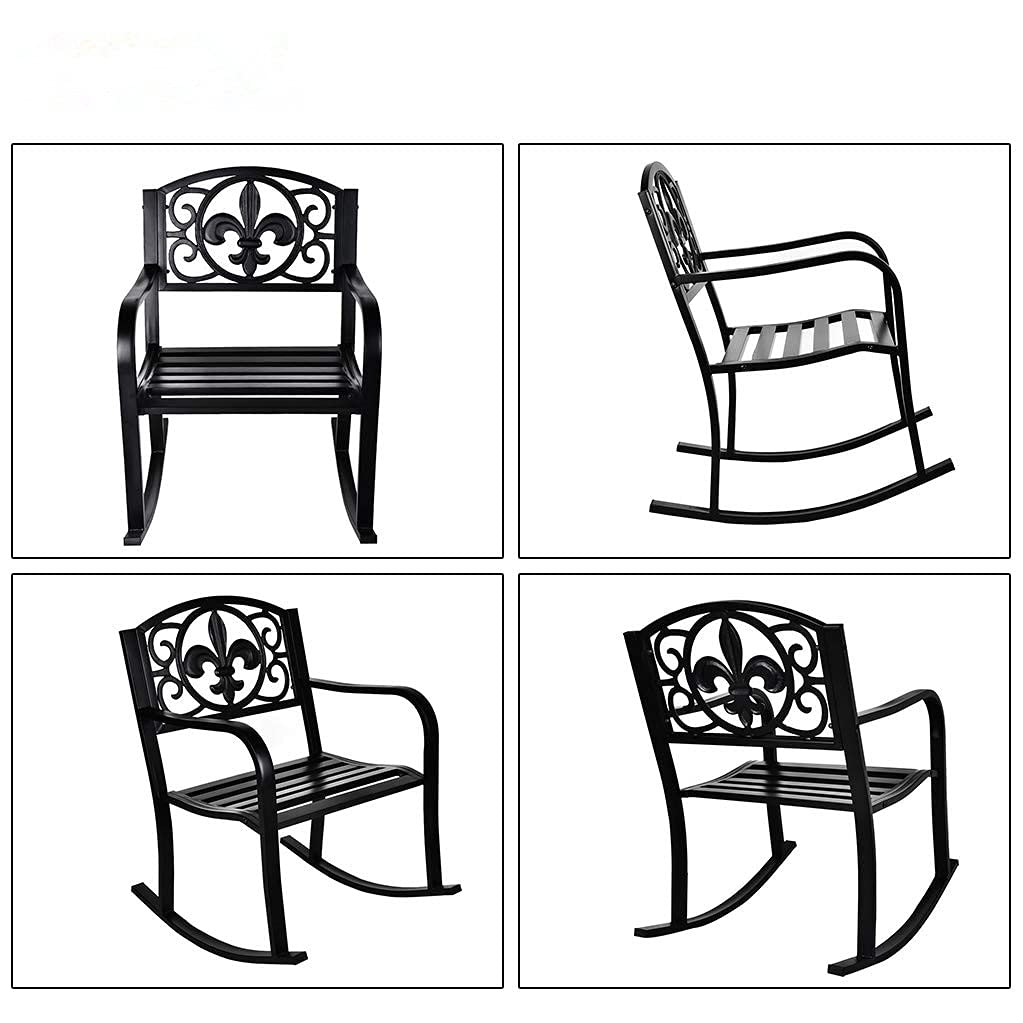 Grepatio Outdoor Patio Rocking Chair - Heavy Duty Wrought Iron Metal Rocking Seat with Elegant Scroll Design for Deck, Backyard, Garden or Porch - Weather Resistant & Comfortable (Black) | Perfect for Relaxing, Reading & Enjoying Nature
