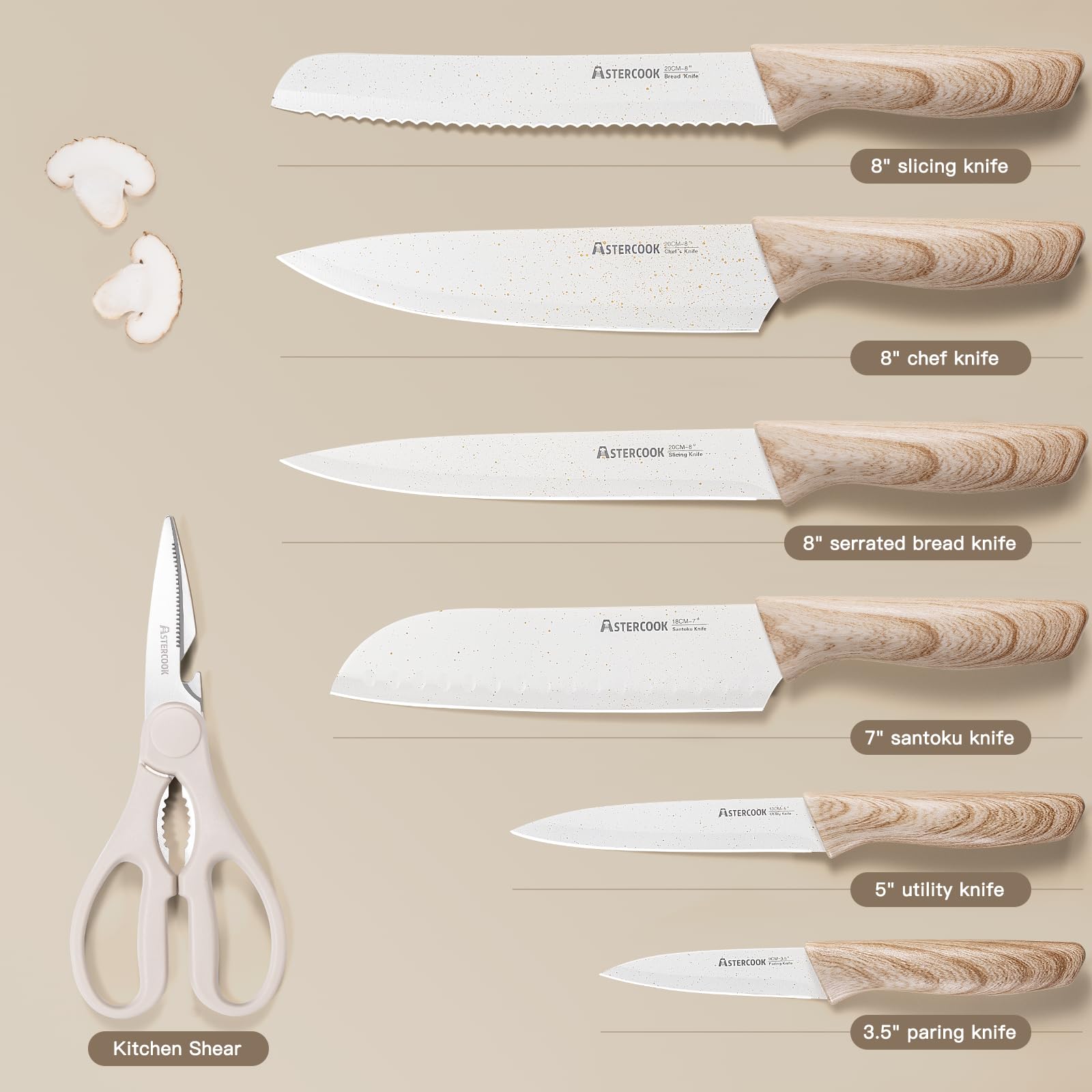 Astercook 13-Piece Ceramic Coated Stainless Steel Kitchen Knife Set with 6 Blade Guards - Wooden Handle, Dishwasher Safe - Perfect for Home Chefs, Cooking Enthusiasts & Professional Kitchens